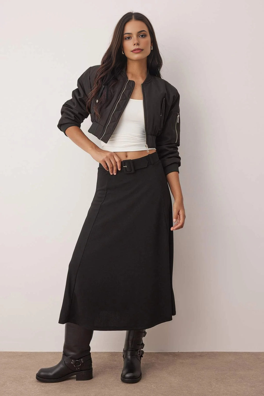 Skater Maxi Stretch Knit Skirt with Belt Detail
