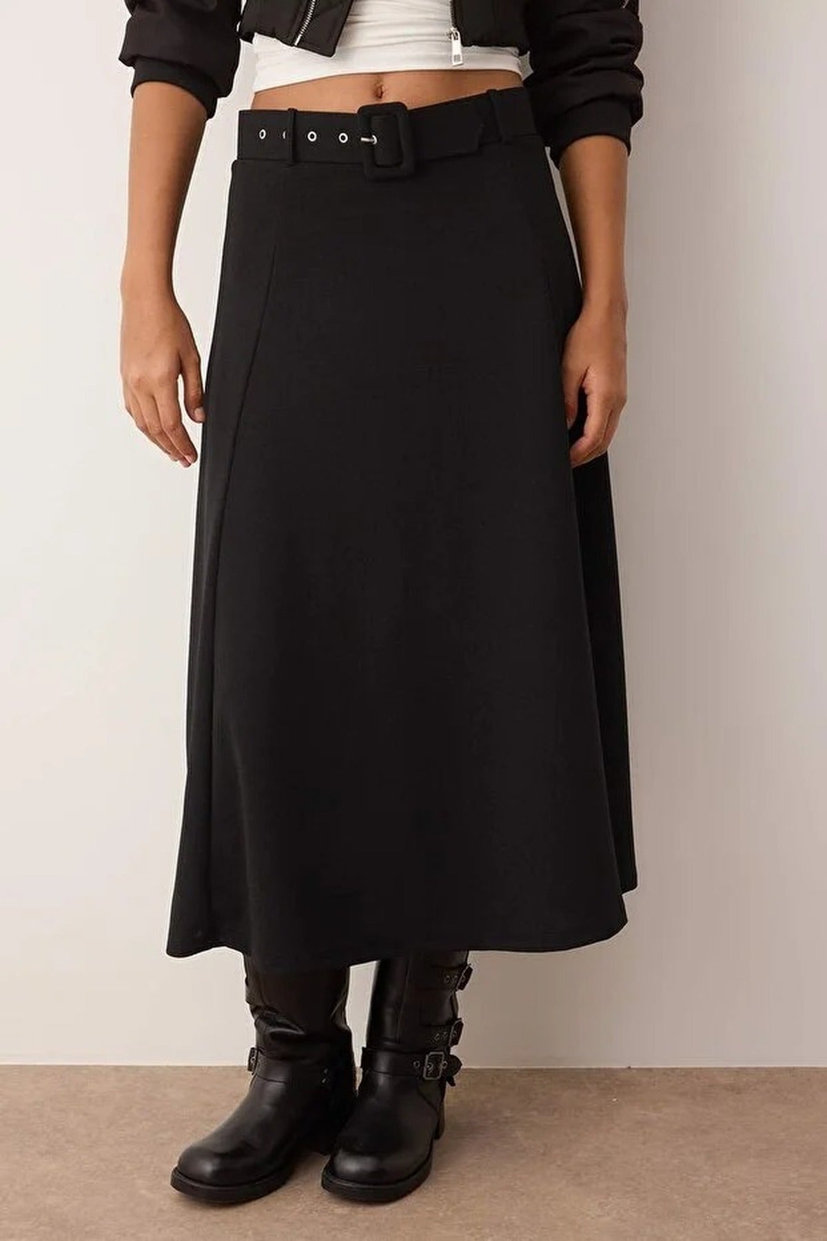 Skater Maxi Stretch Knit Skirt with Belt Detail