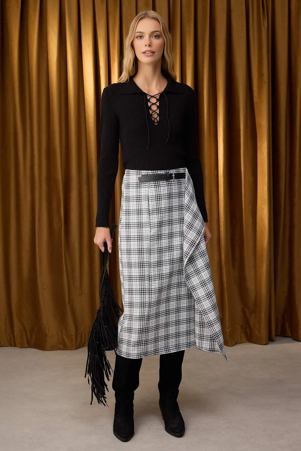 Argyle Midi Skirt with Belt Detail