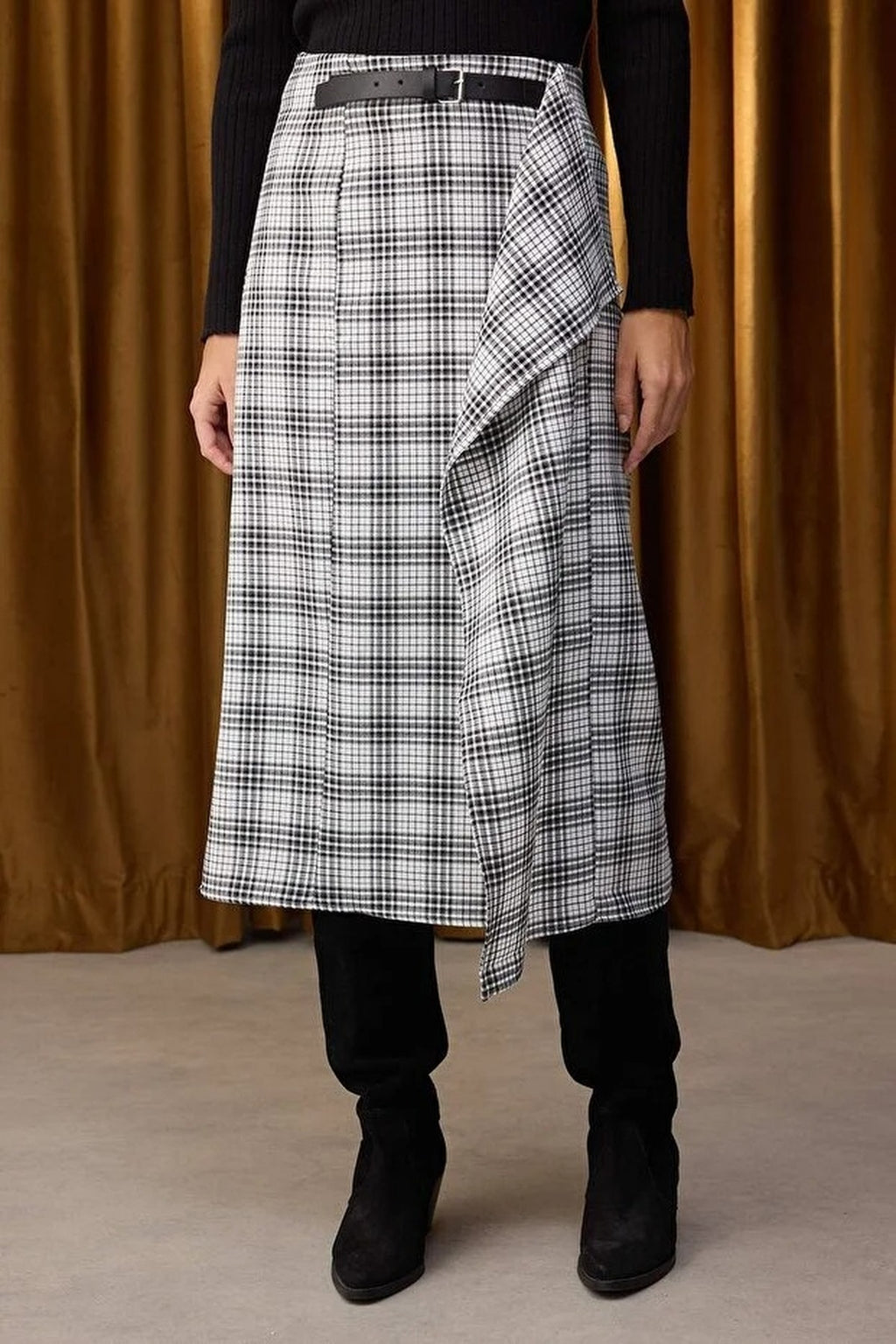 Argyle Midi Skirt with Belt Detail