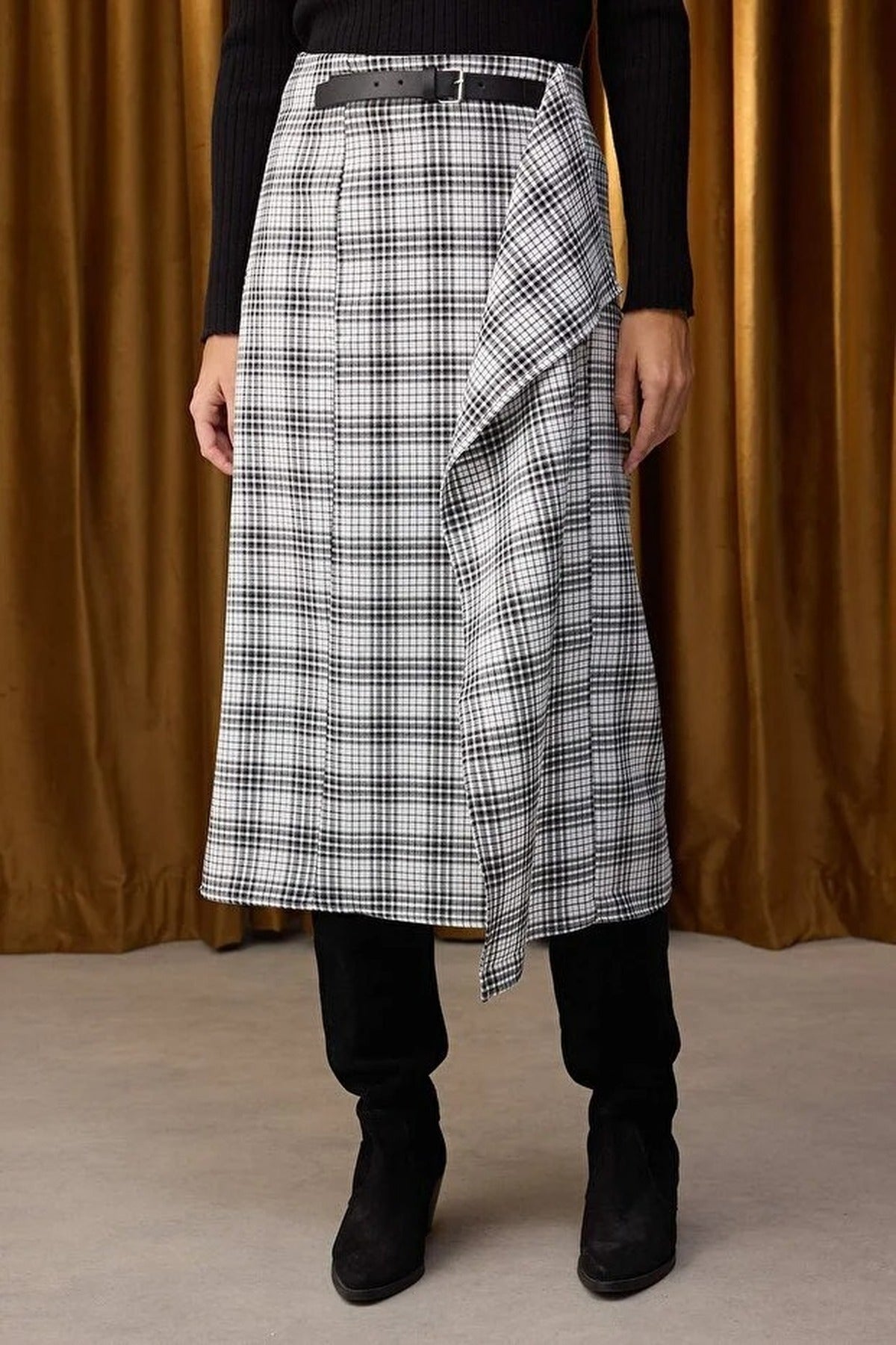 Argyle Midi Skirt with Belt Detail