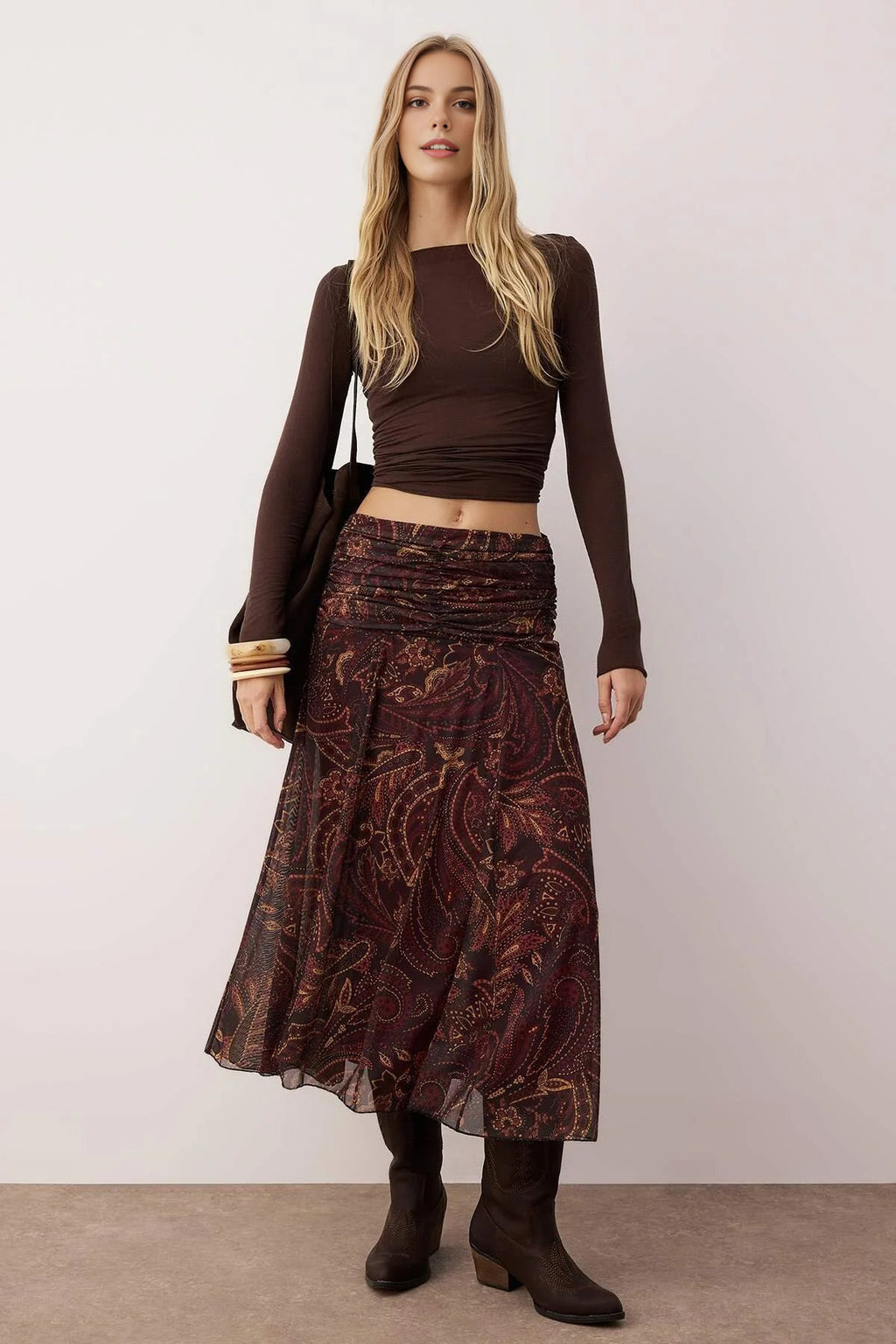 Maxi Boho Chic Printed Tulle Stretch Knit Skirt with Drape Detail