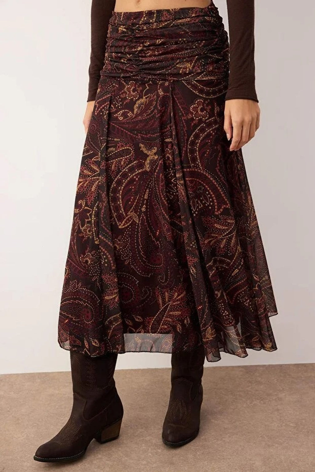 Maxi Boho Chic Printed Tulle Stretch Knit Skirt with Drape Detail