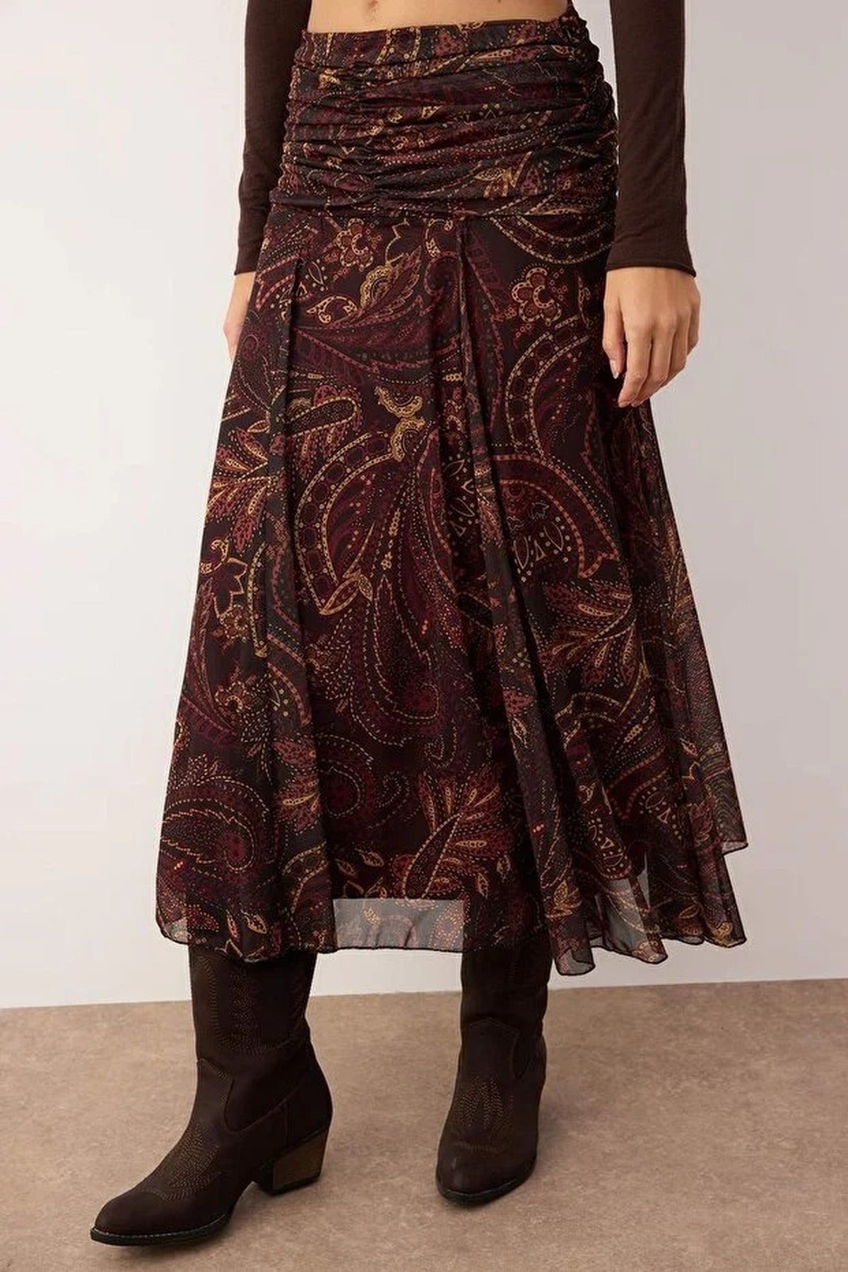 Maxi Boho Chic Printed Tulle Stretch Knit Skirt with Drape Detail