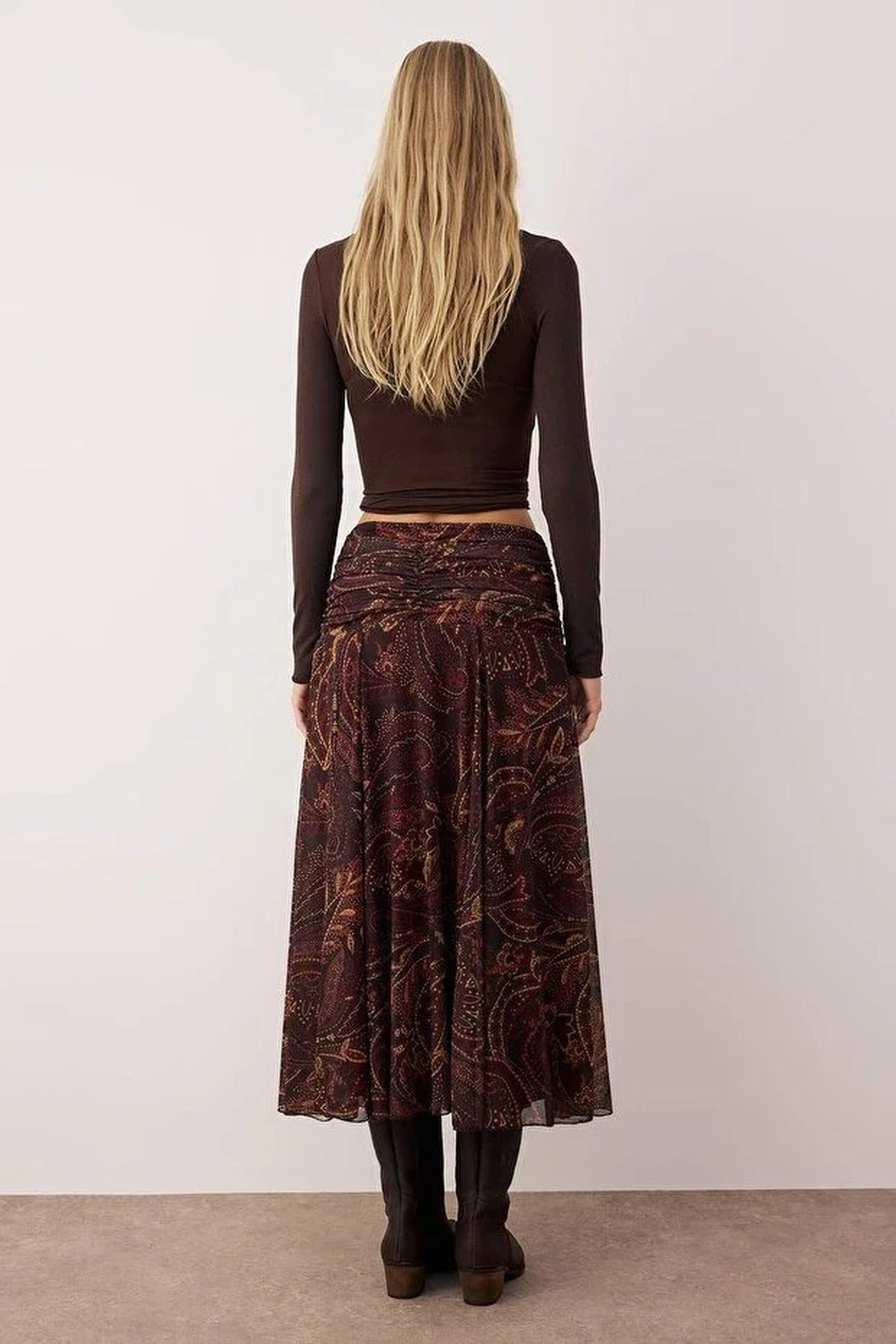 Maxi Boho Chic Printed Tulle Stretch Knit Skirt with Drape Detail
