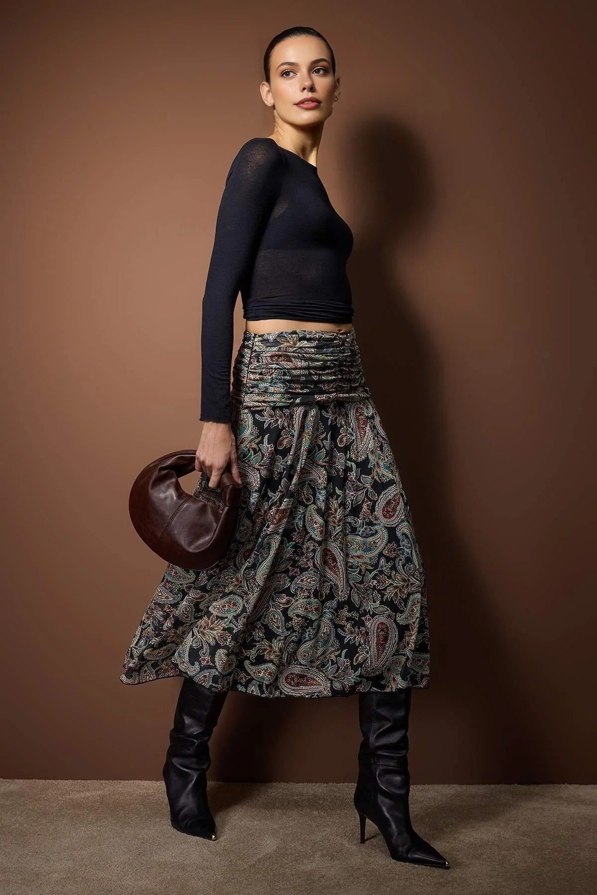 Maxi Boho Chic Printed Tulle Stretch Knit Skirt with Drape Detail