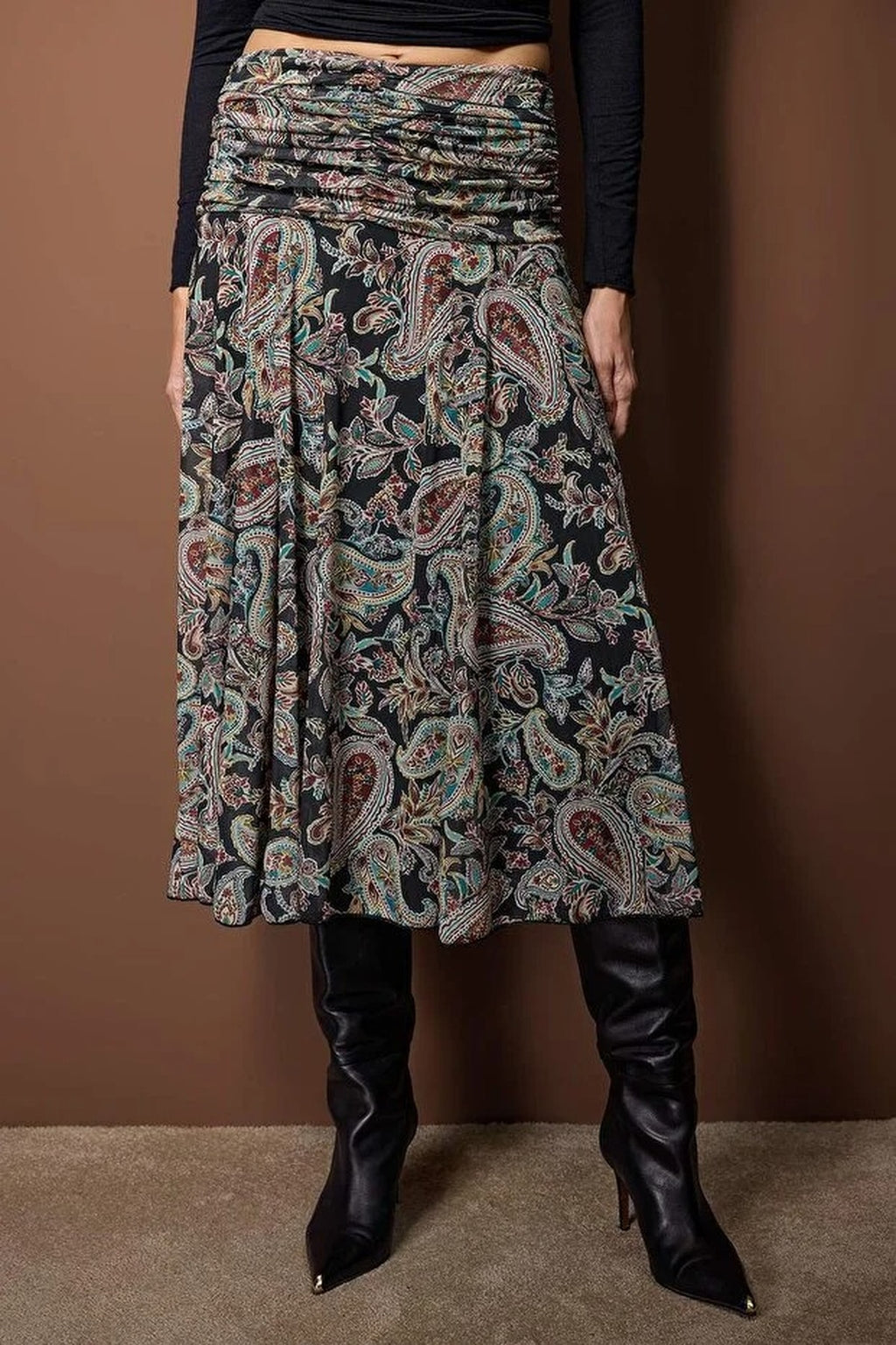 Maxi Boho Chic Printed Tulle Stretch Knit Skirt with Drape Detail