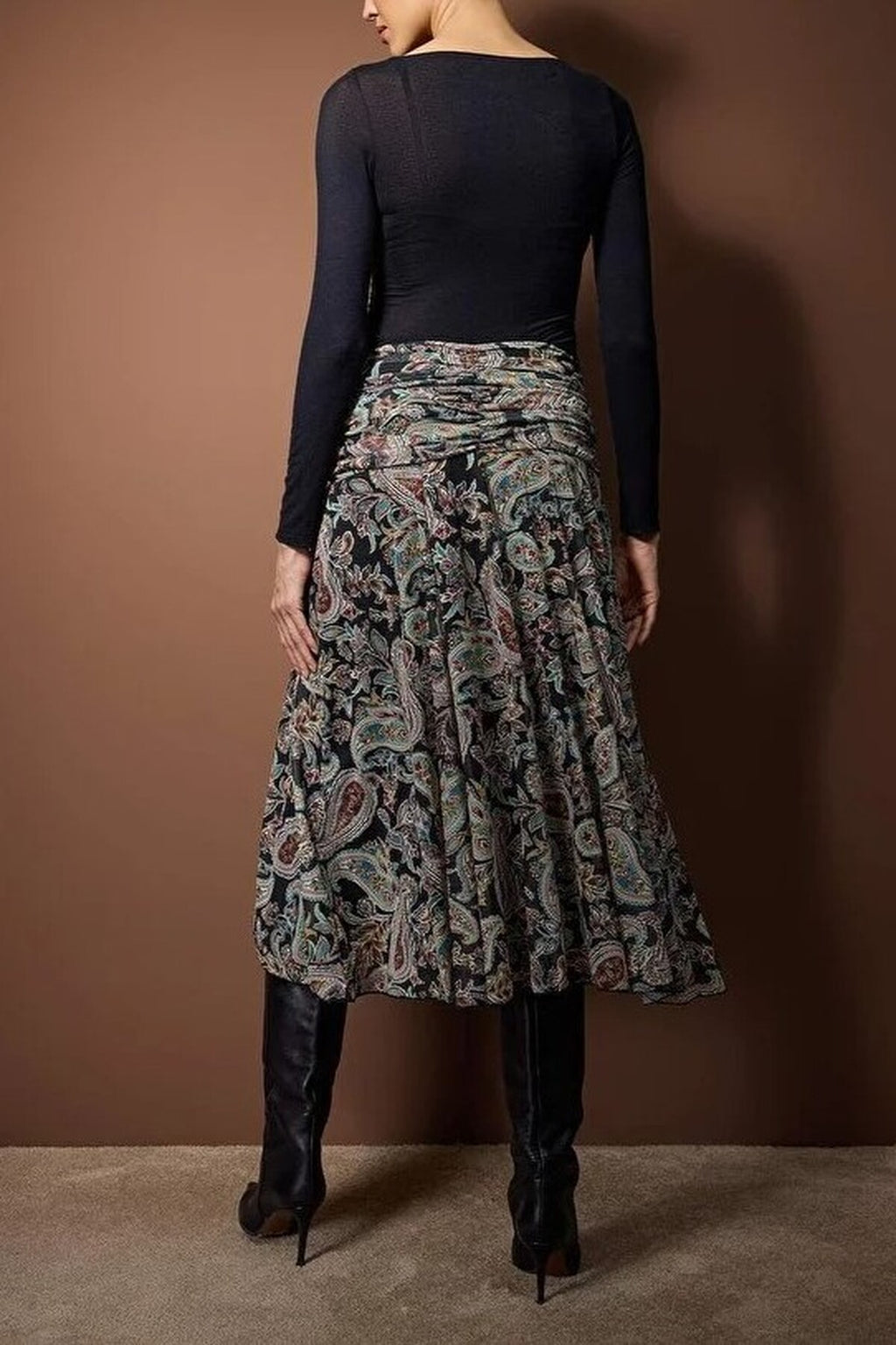 Maxi Boho Chic Printed Tulle Stretch Knit Skirt with Drape Detail