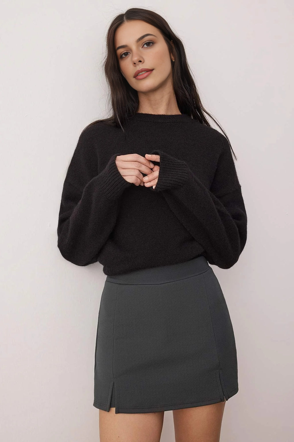 A-line Flexible Knit Mini Short Skirt with Slit