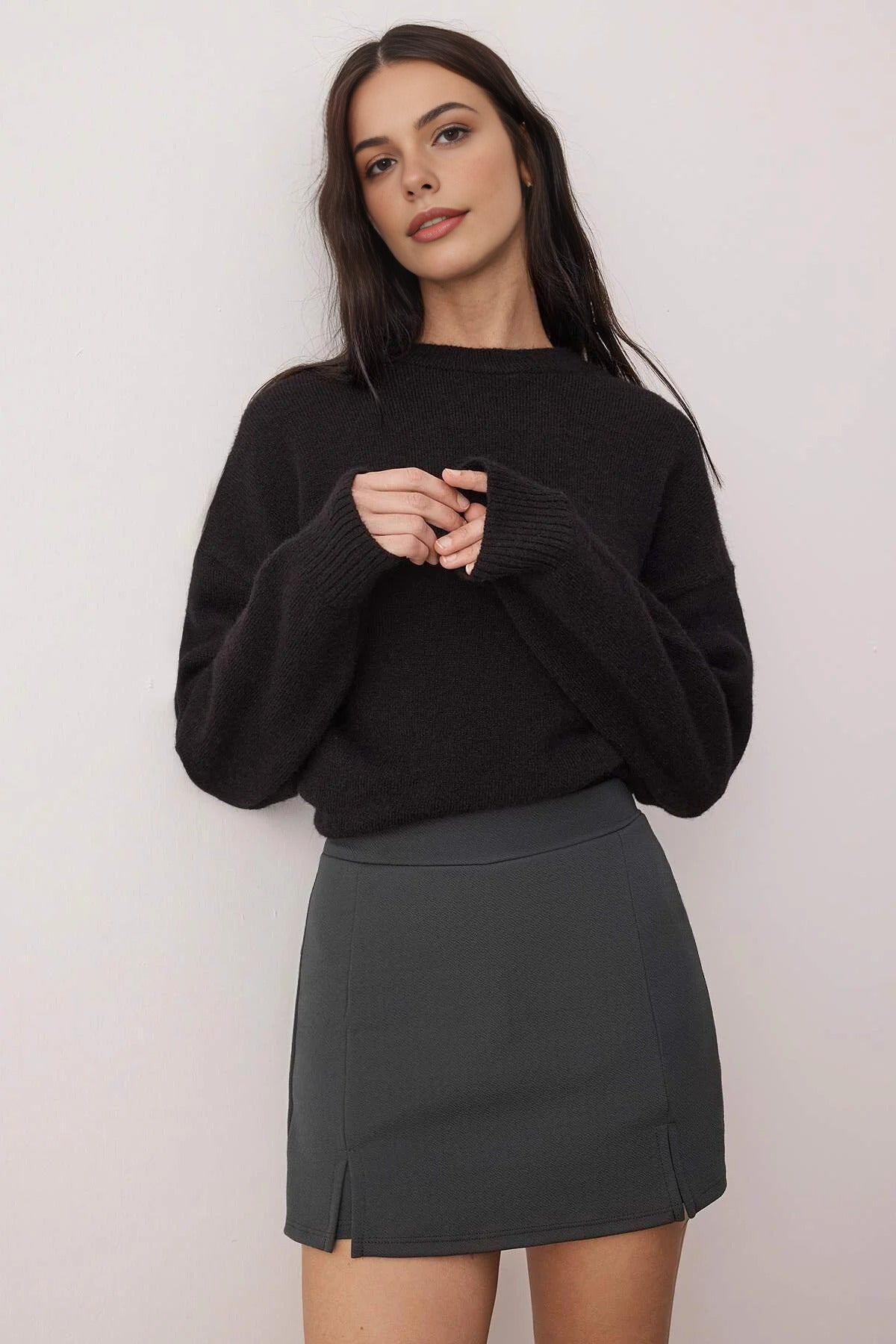 A-line Flexible Knit Mini Short Skirt with Slit