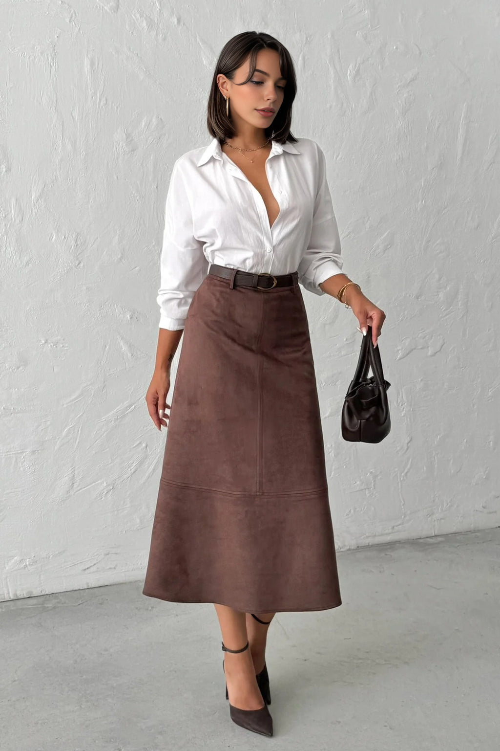 A-Line Midi Knit Suede Skirt