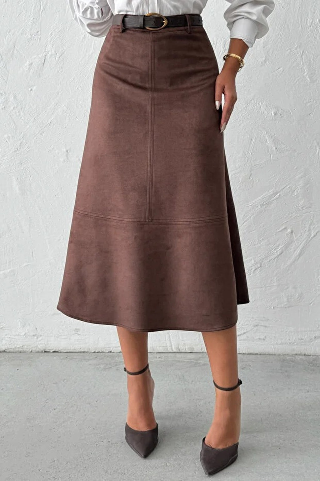A-Line Midi Knit Suede Skirt