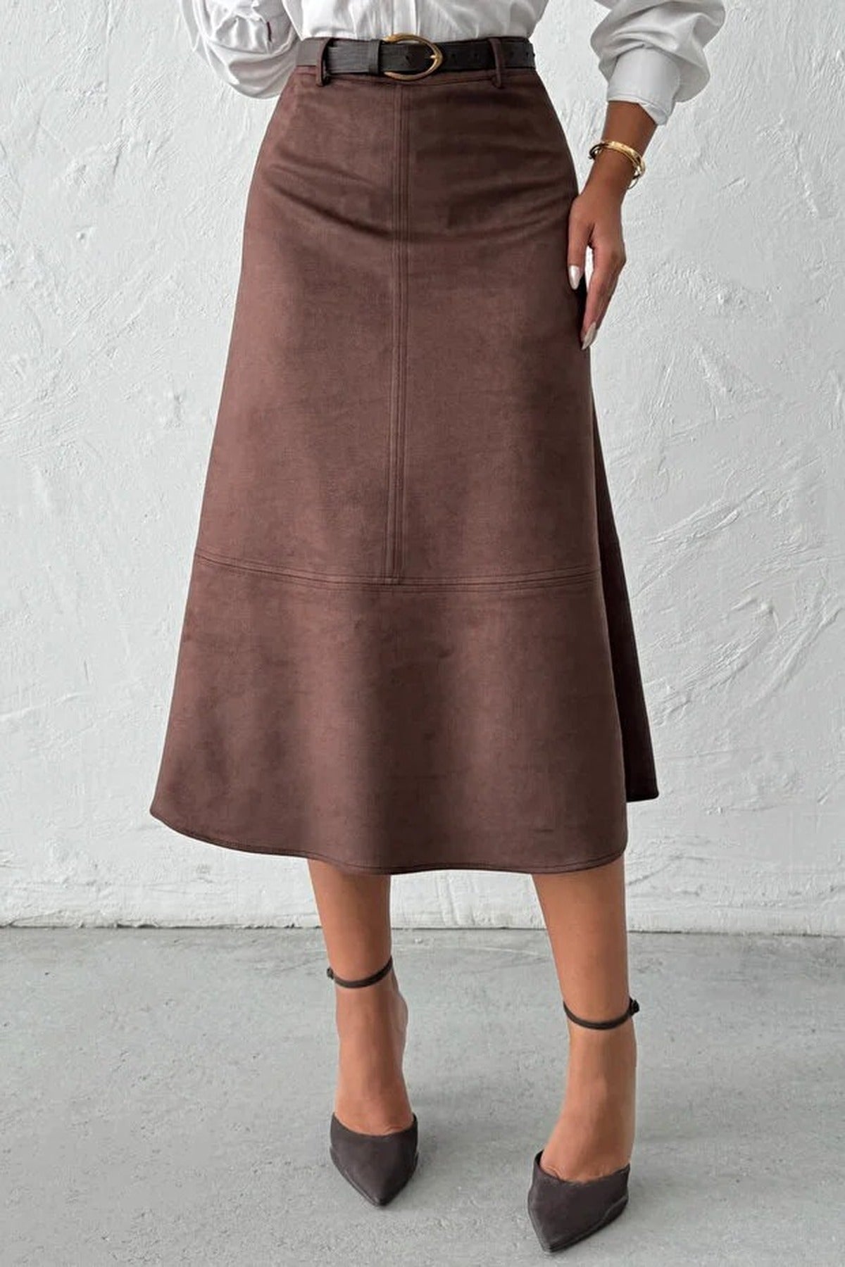 A-Line Midi Knit Suede Skirt