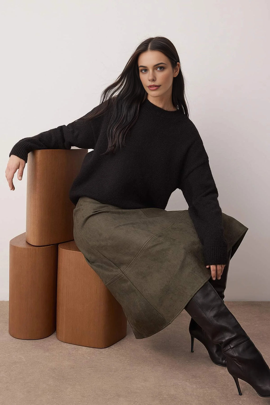 A-Line Midi Knit Suede Skirt