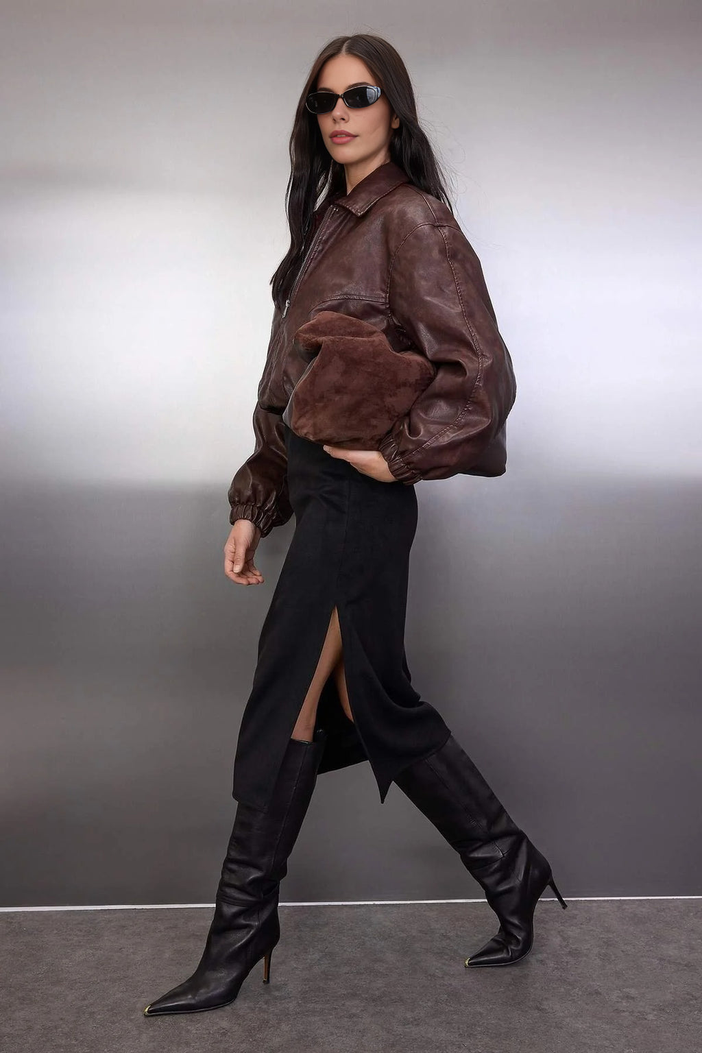 Suede Knit Midi Pencil Skirt with Slit