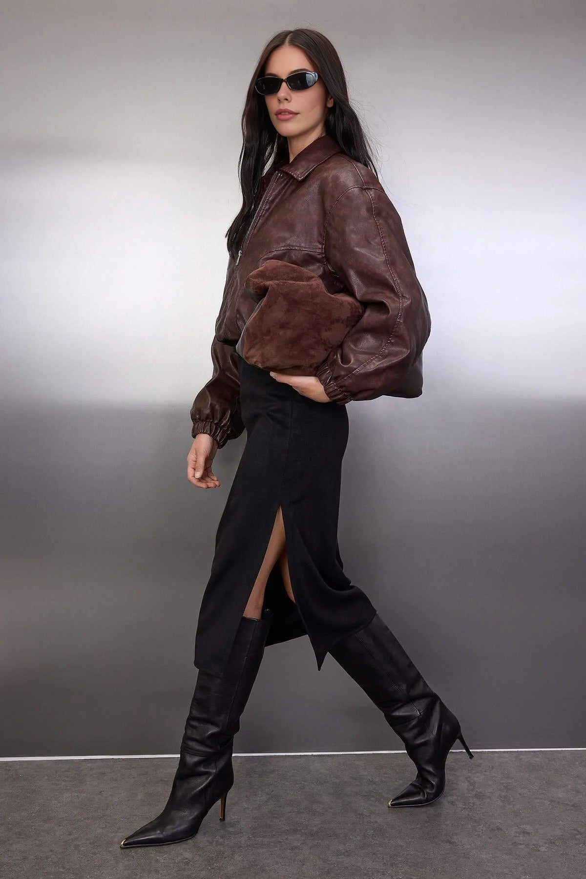 Suede Knit Midi Pencil Skirt with Slit