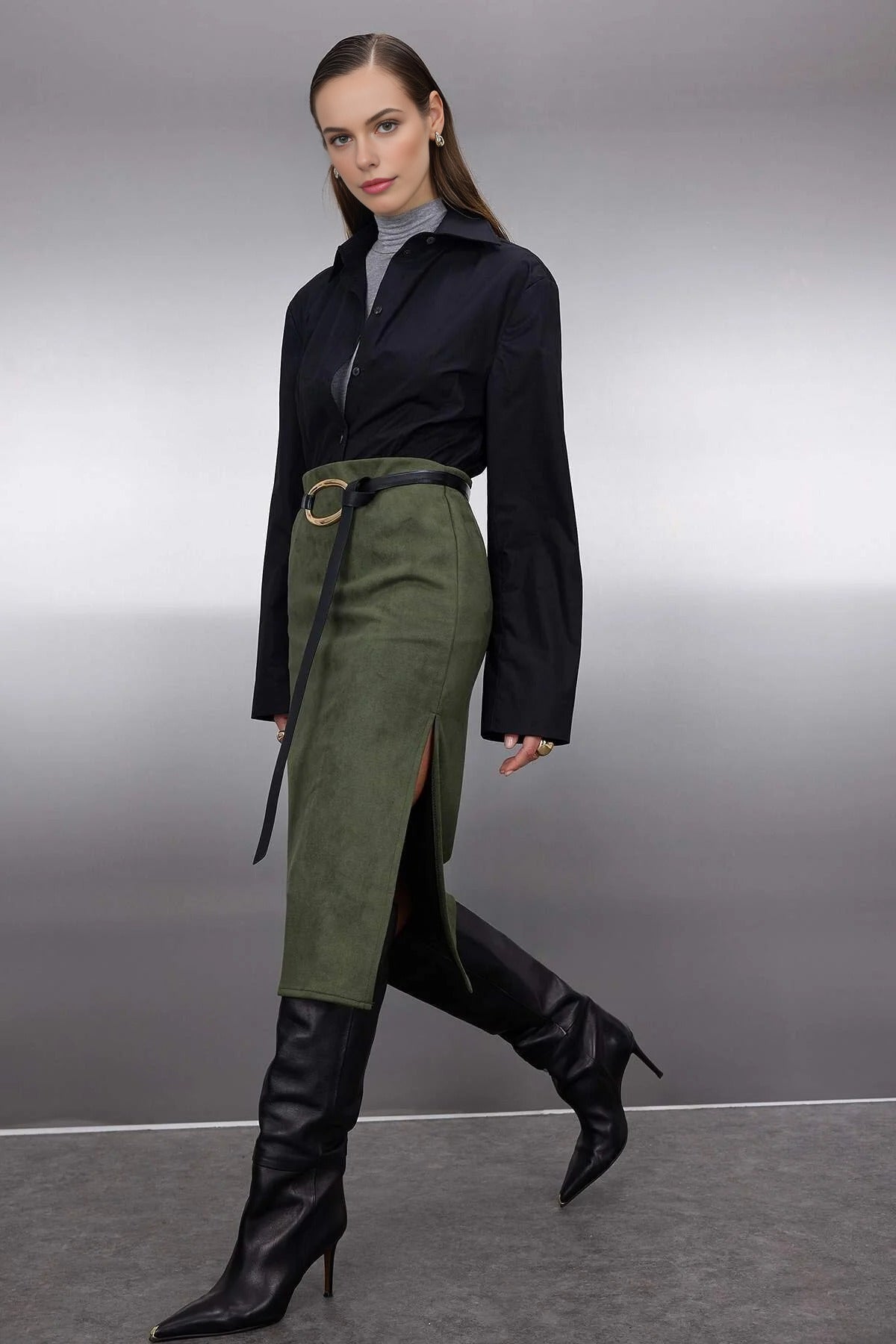 Suede Knit Midi Pencil Skirt with Slit