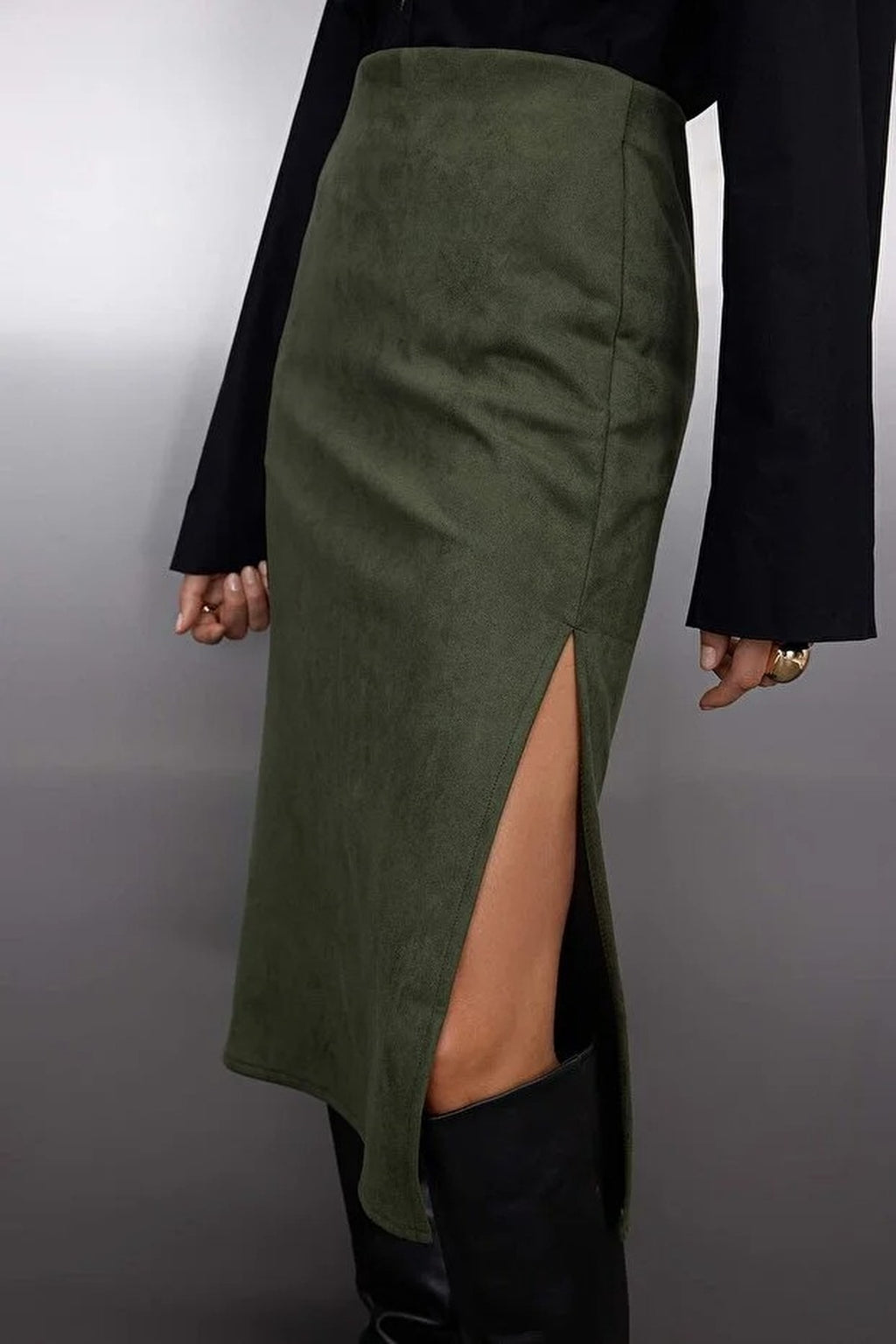 Suede Knit Midi Pencil Skirt with Slit