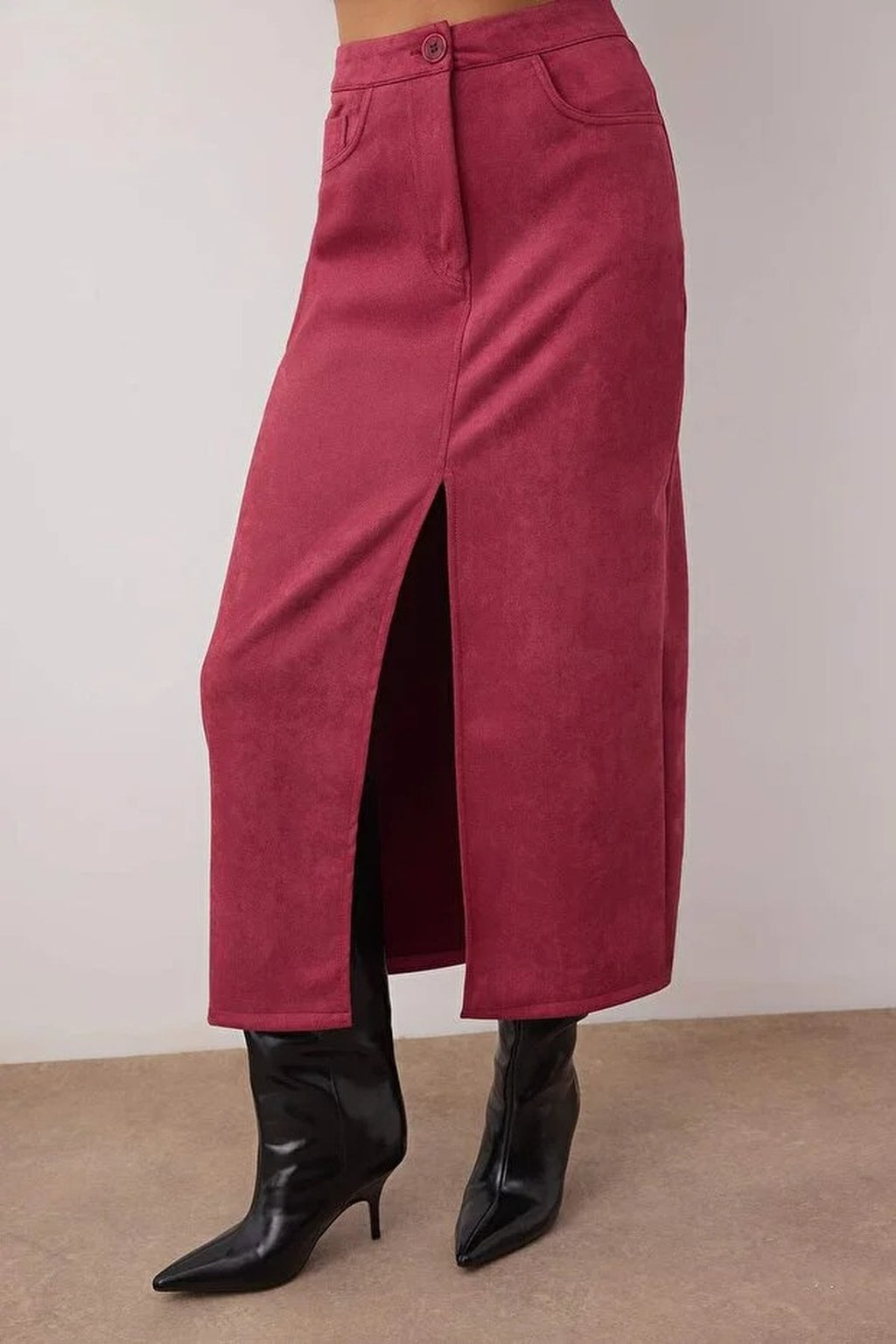 Suede Midi Knit Pencil Skirt with Front Slit