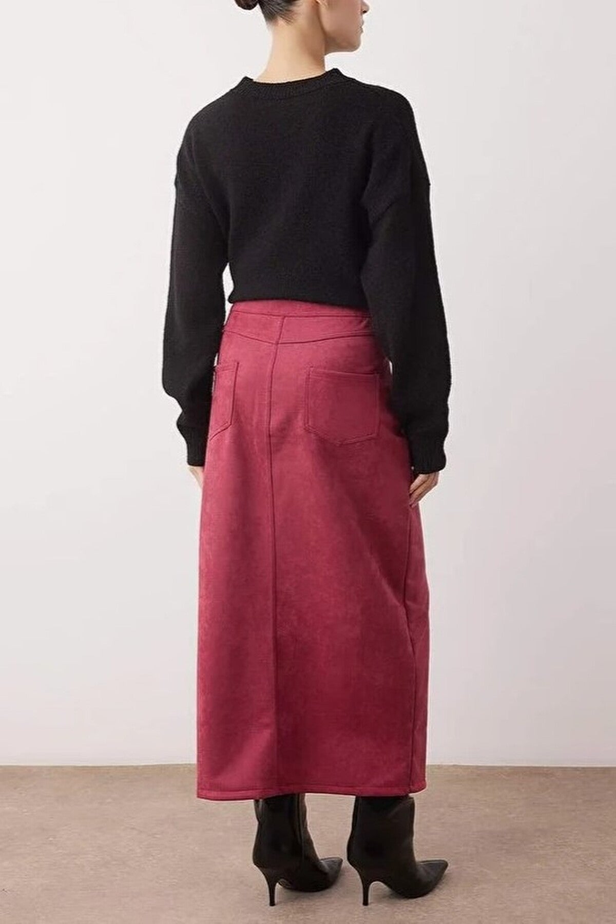 Suede Midi Knit Pencil Skirt with Front Slit