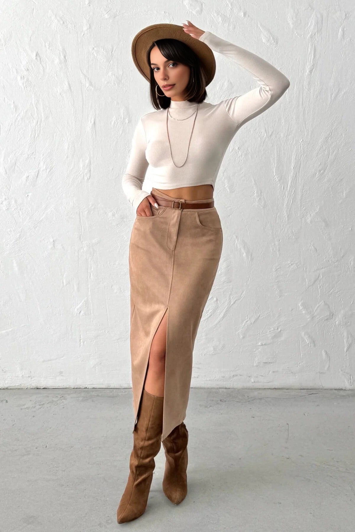 Suede Midi Knit Pencil Skirt with Front Slit