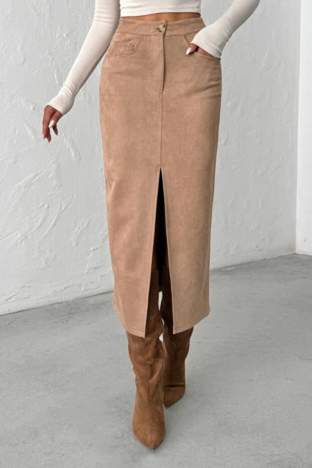 Suede Midi Knit Pencil Skirt with Front Slit