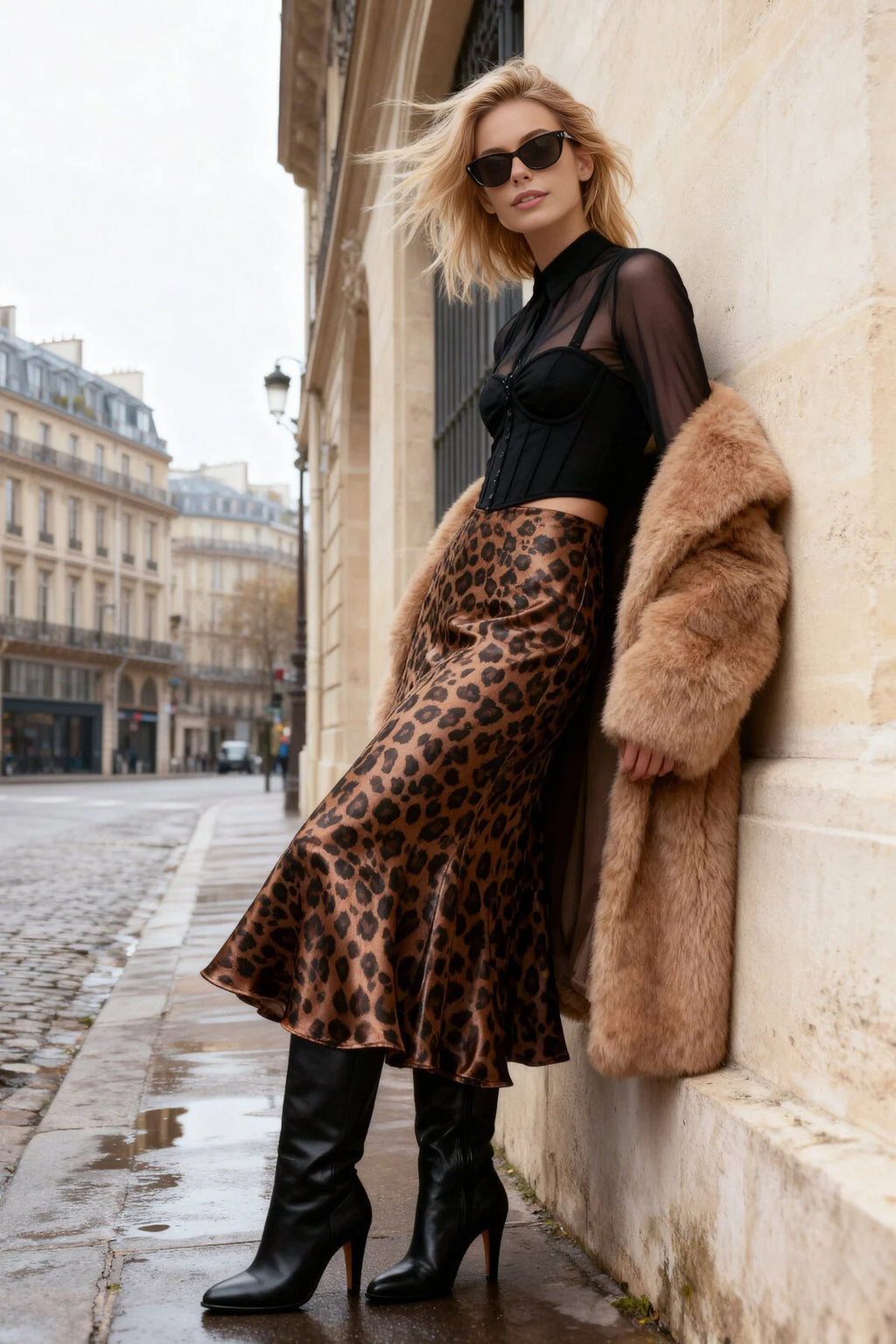 Premium Animal Patterned Satin Midi Woven Skirt