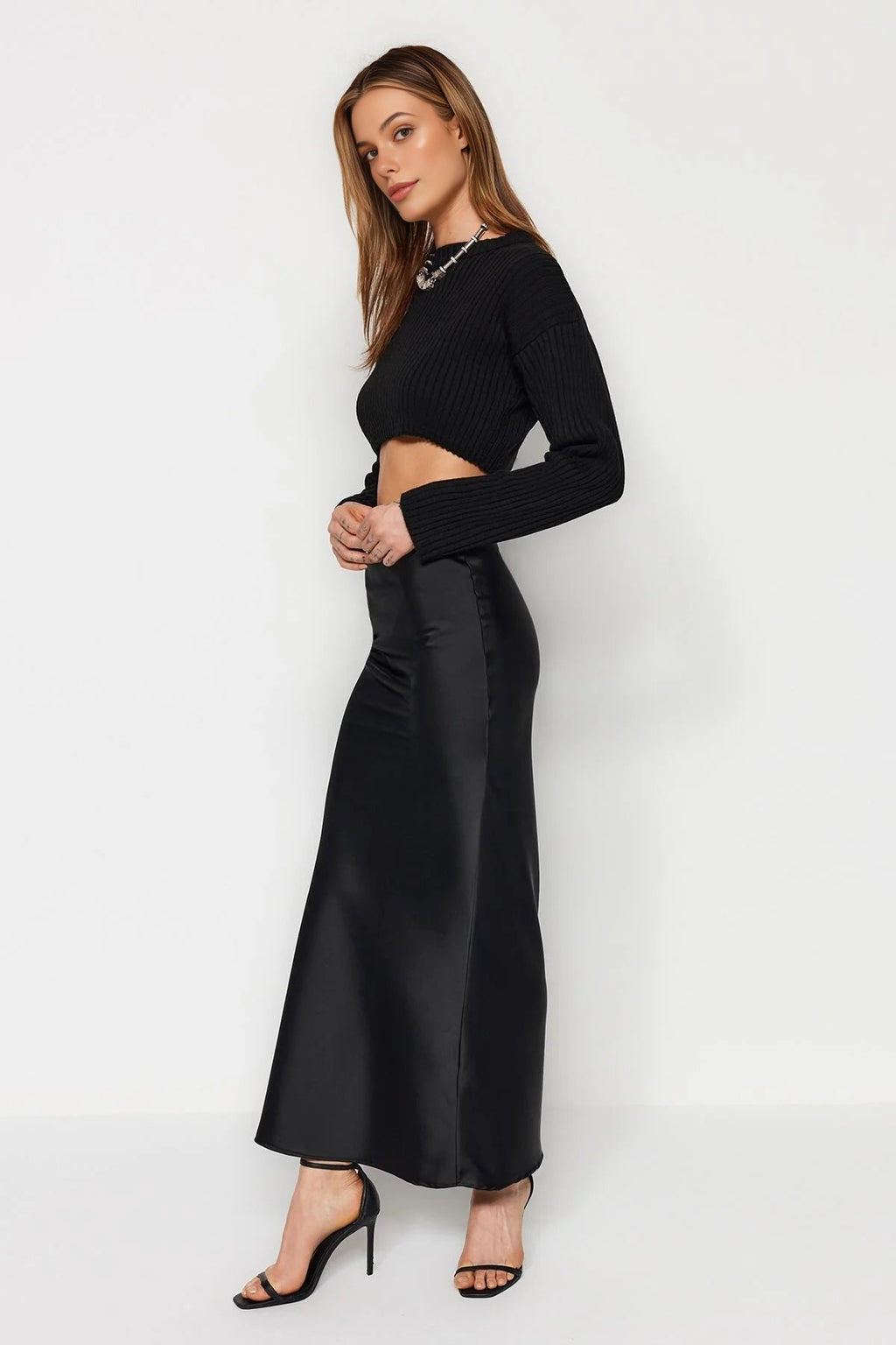 Fish Cut Satin Maxi Length Woven Skirt
