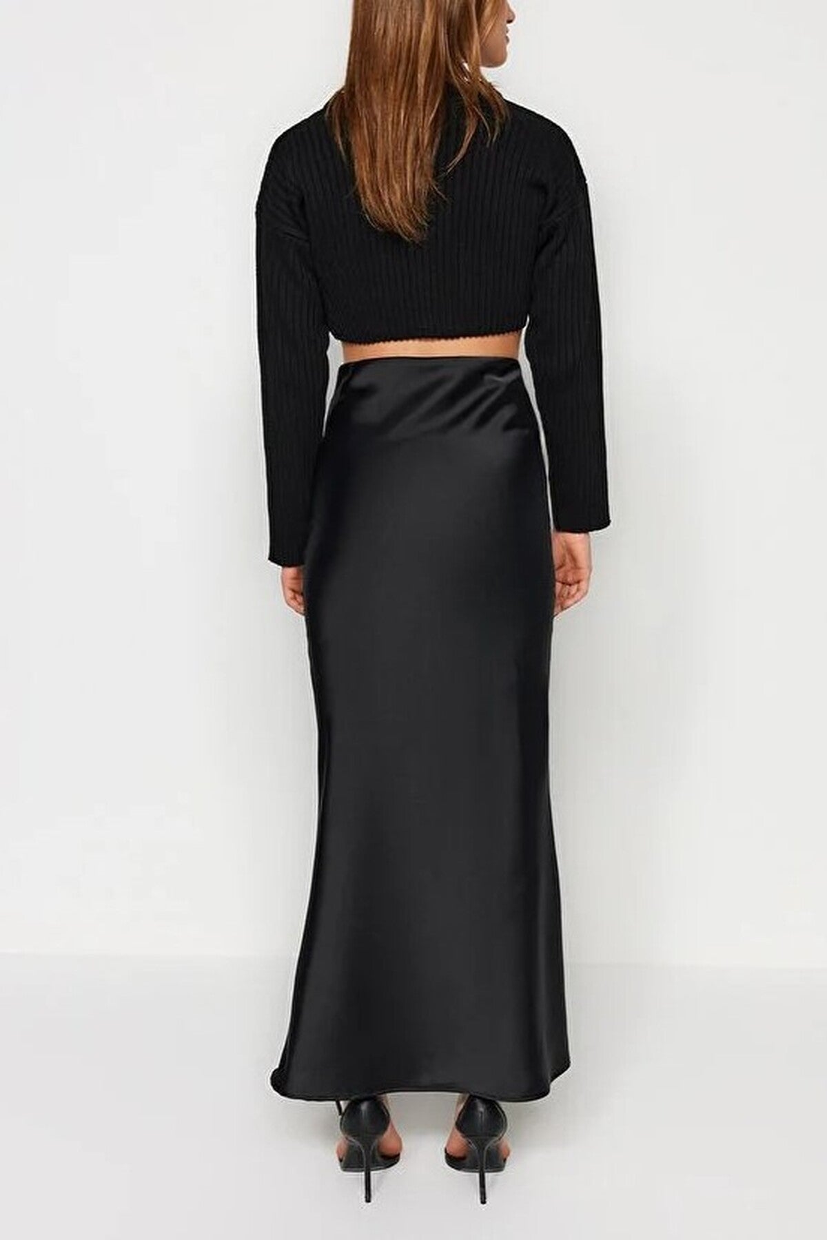 Fish Cut Satin Maxi Length Woven Skirt