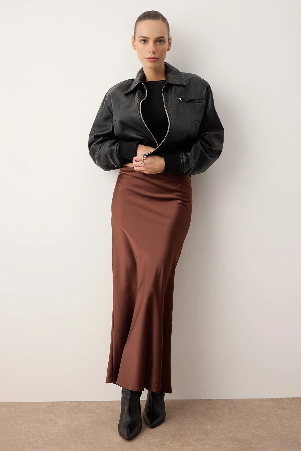 Fish Cut Satin Maxi Length Woven Skirt