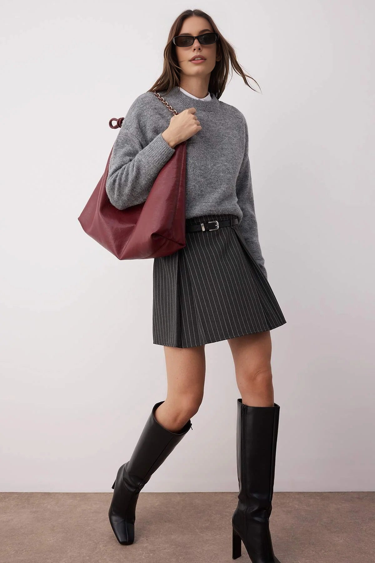 Belted Striped A-Line Woven Mini Skirt