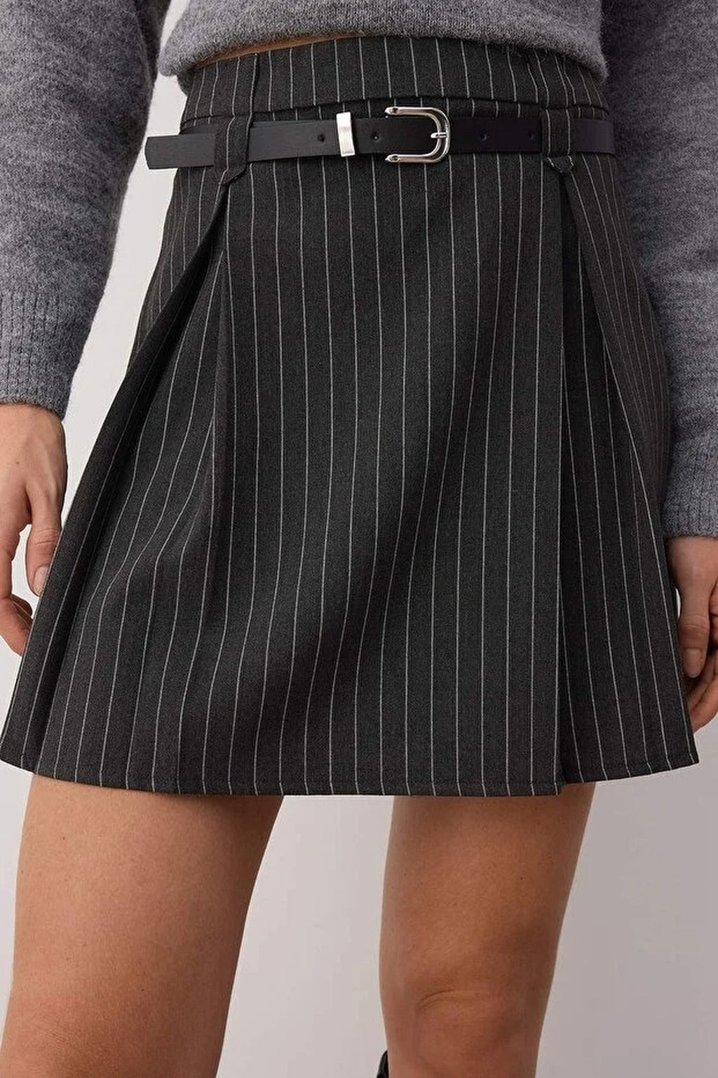 Belted Striped A-Line Woven Mini Skirt