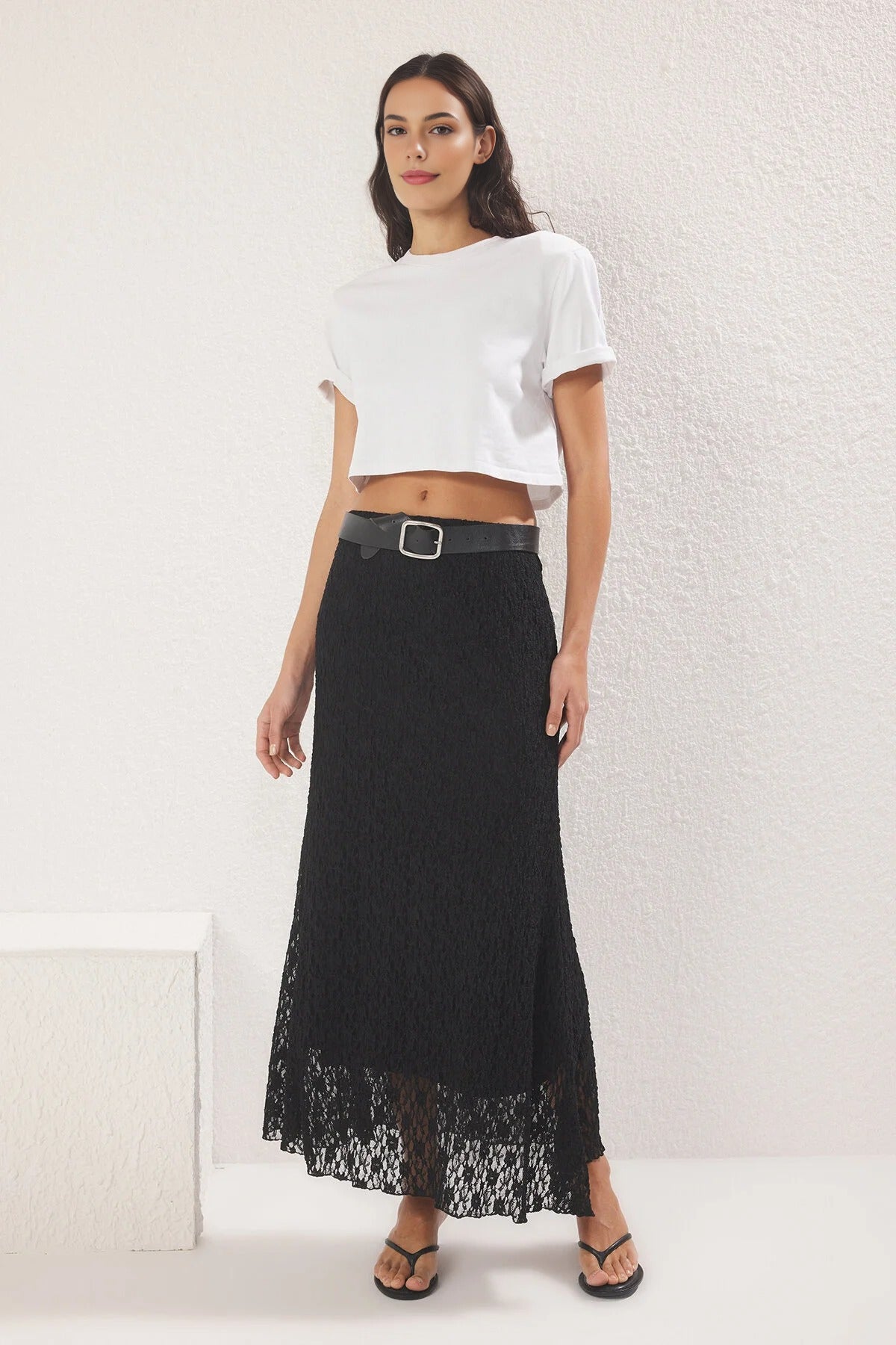Skater Lace Midi Stretch Knit Skirt