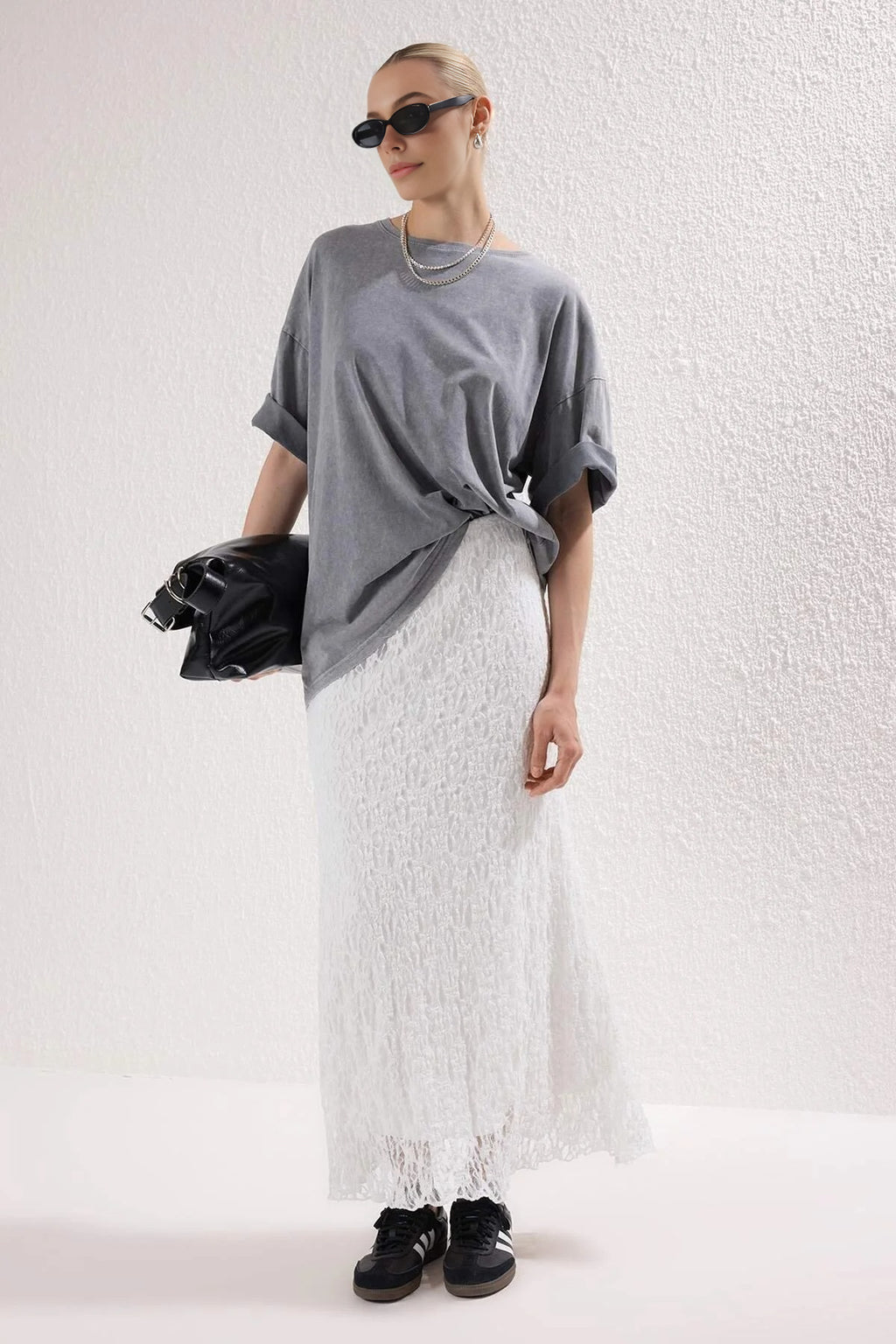 Skater Lace Midi Stretch Knit Skirt