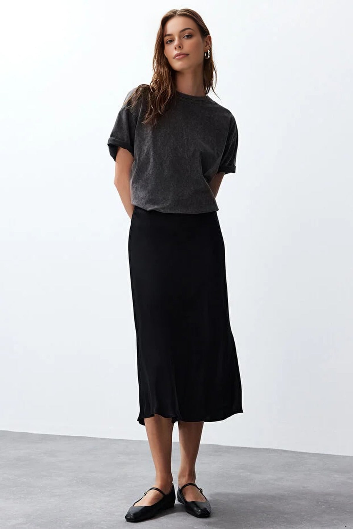 A-line Satin Midi Woven Skirt