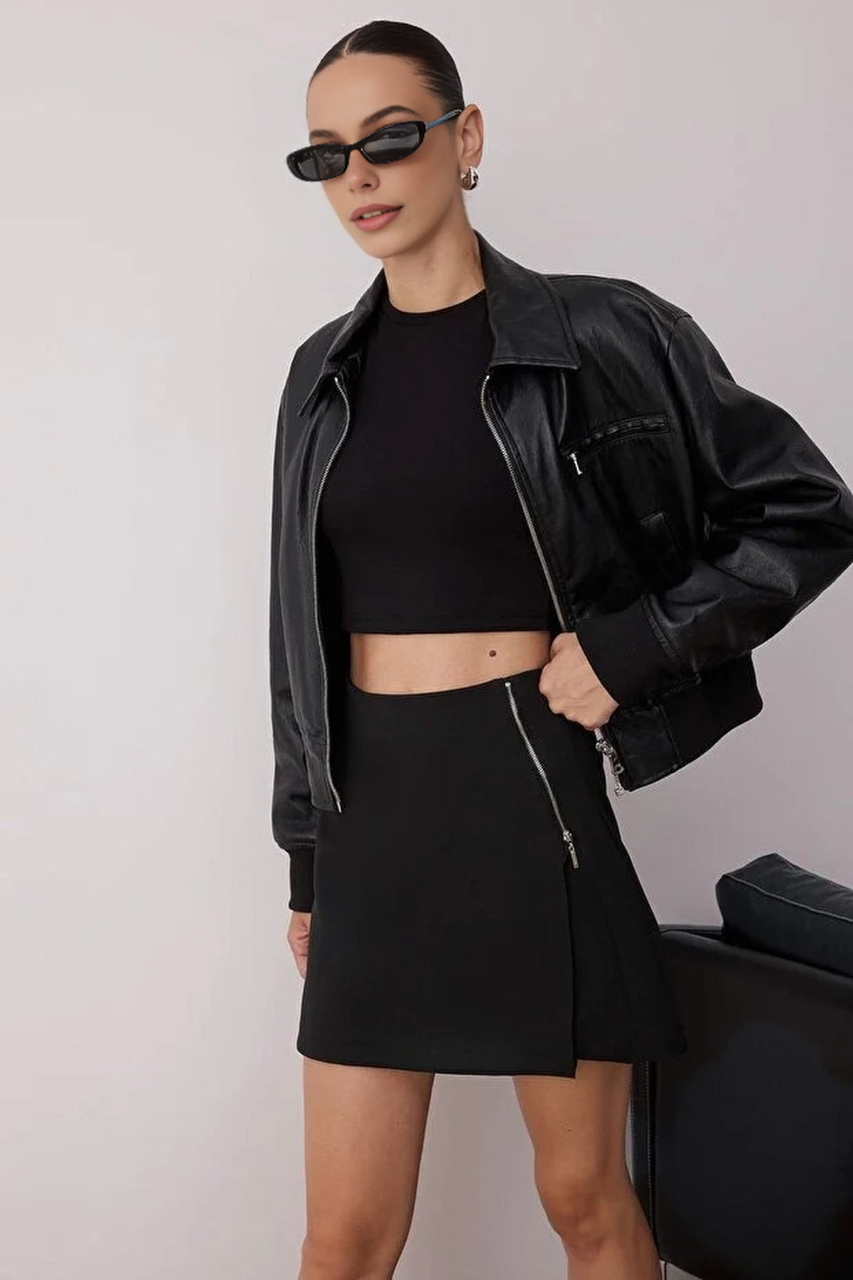 Woven Short Skirt with Zipper Detail