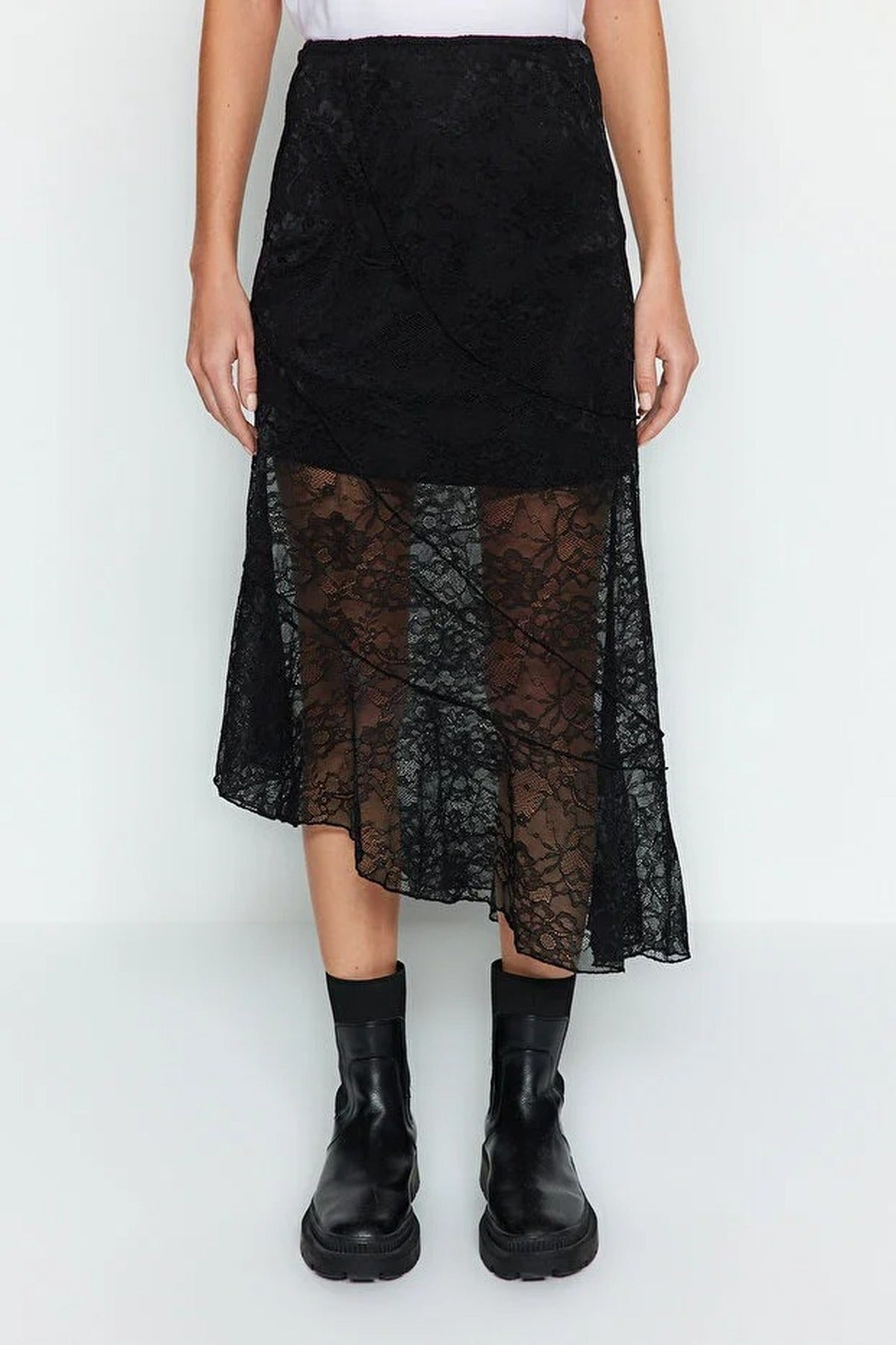 Asymmetrical Midi Lined Lace Knit Skirt