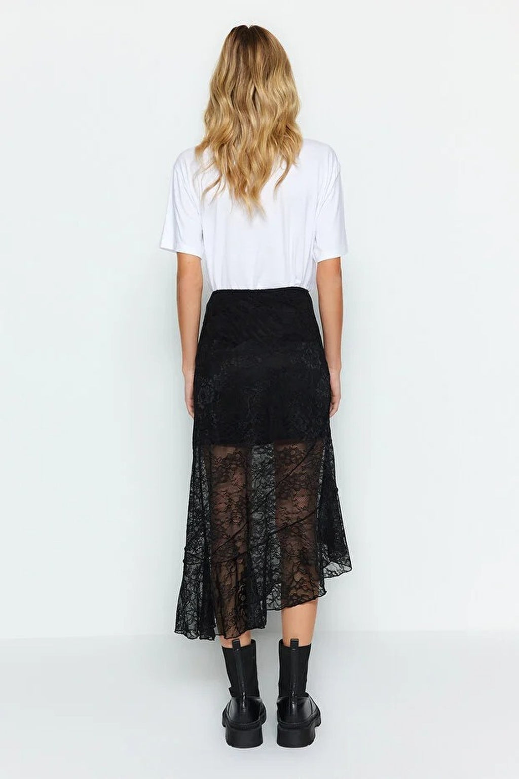 Asymmetrical Midi Lined Lace Knit Skirt