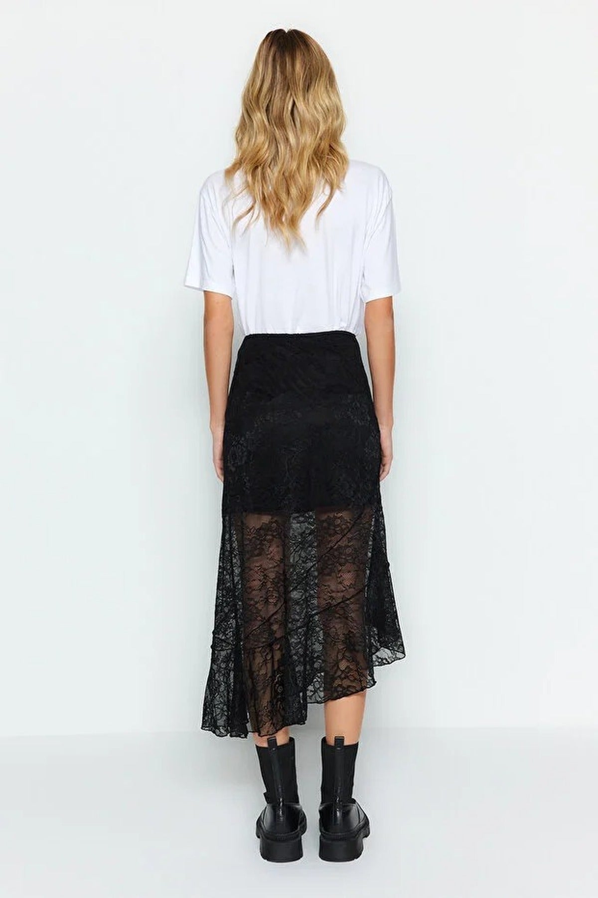 Asymmetrical Midi Lined Lace Knit Skirt