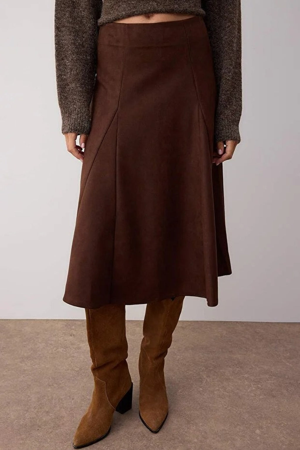 A-Line Woven Suede Midi Skirt