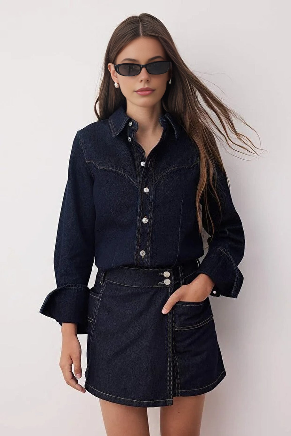 Double-Breasted Denim Short Skirt with Pocket Detail