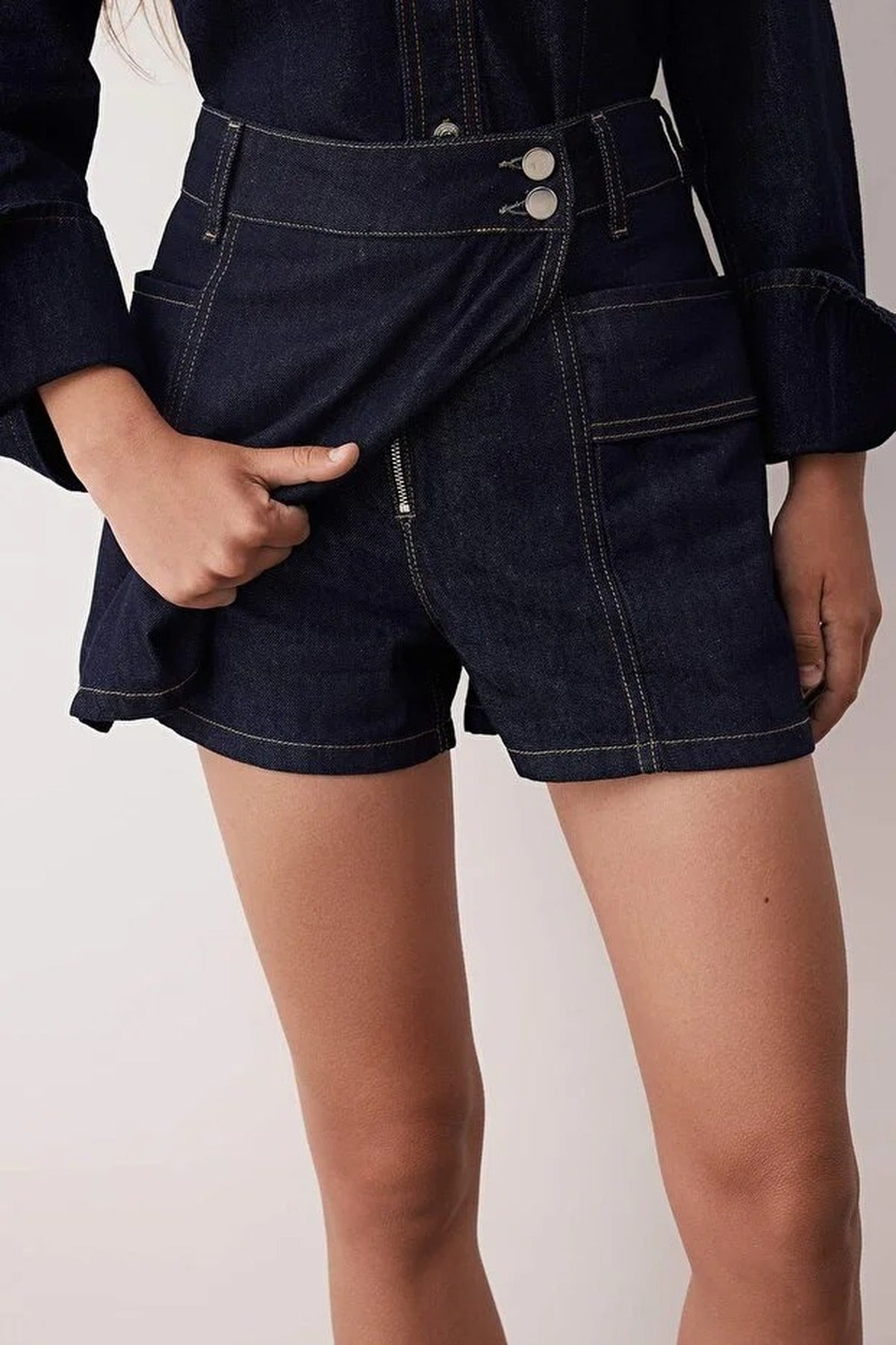 Double-Breasted Denim Short Skirt with Pocket Detail