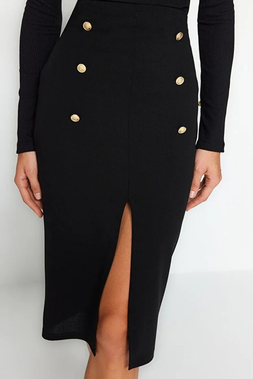 Smart Scuba Crepe Buttoned Midi Slit Stretch Knit Skirt