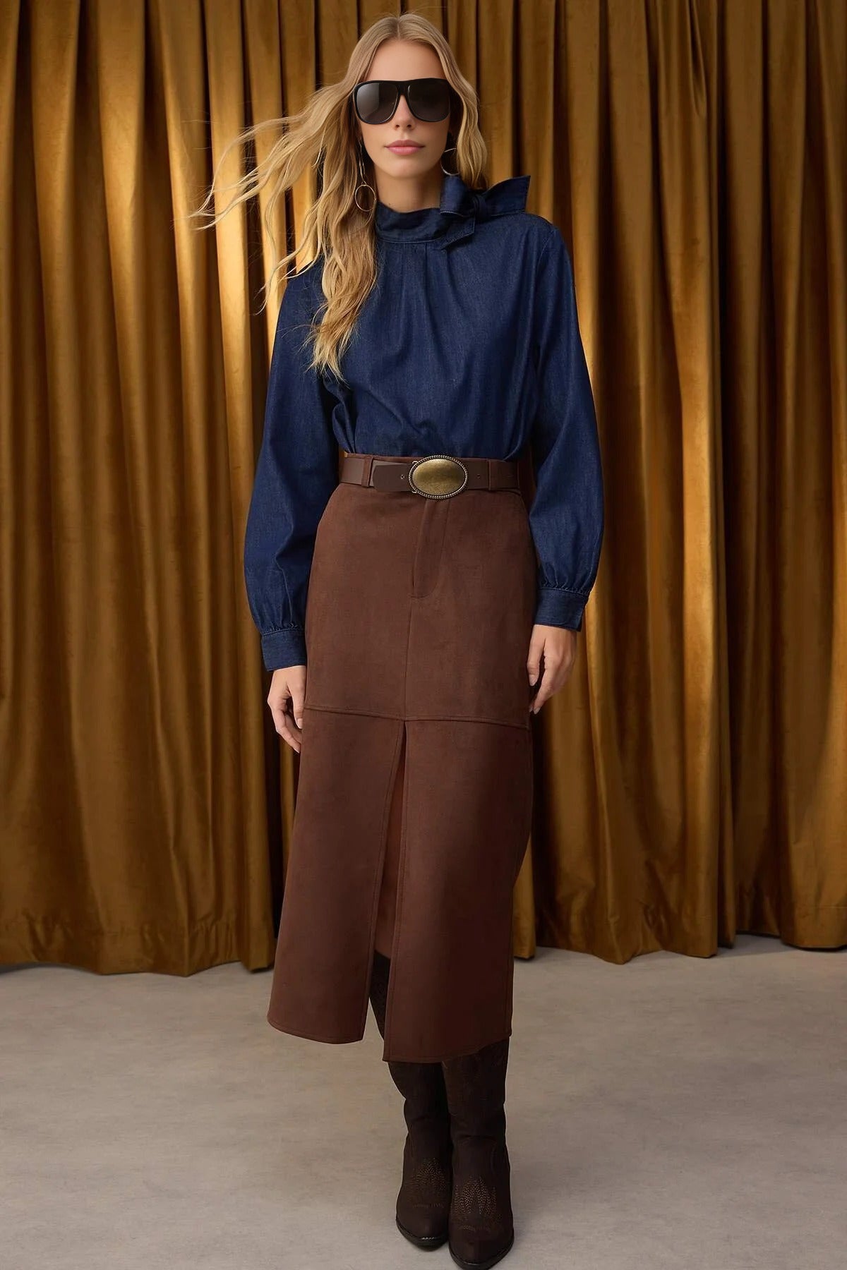 Suede A-line Maxi Knit Skirt with Button and Zipper