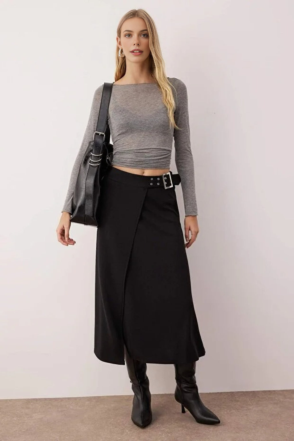 Skater Stretch Crepe Knit Skirt with Belt Detail