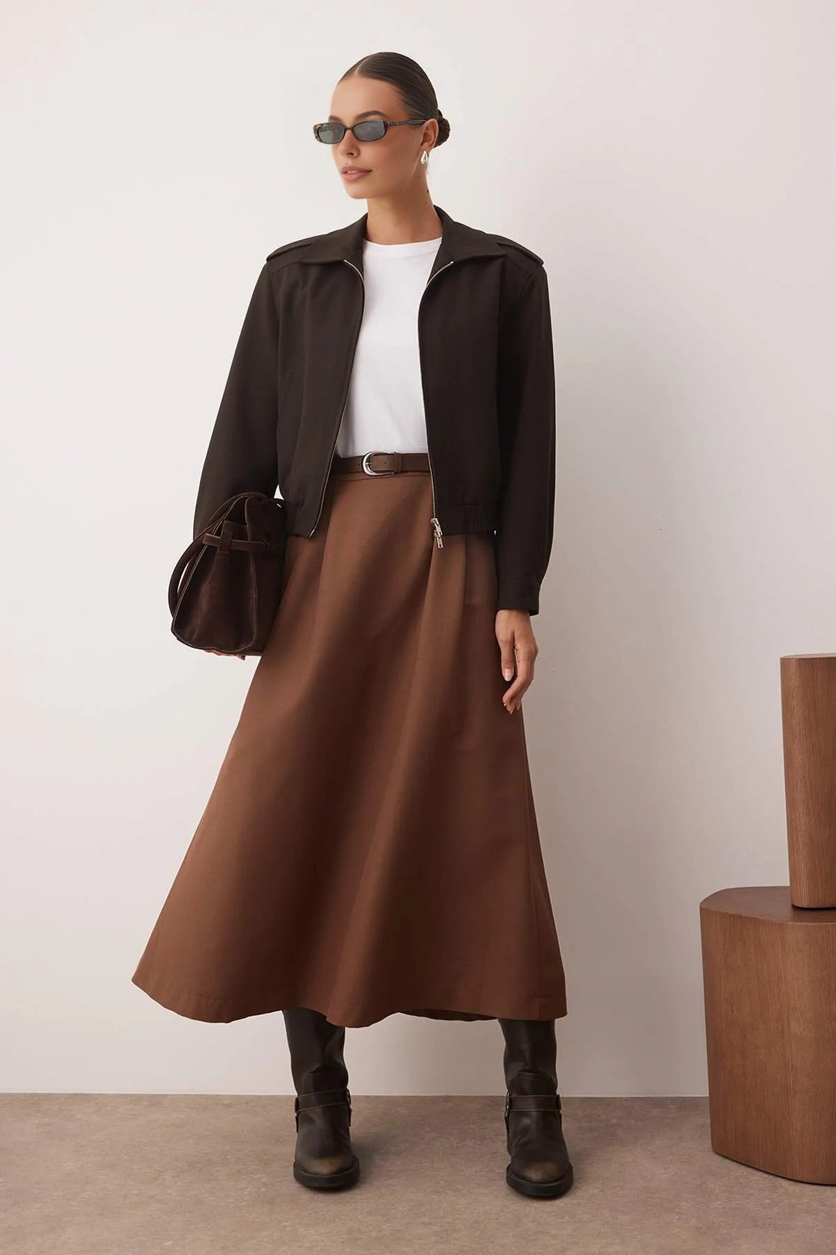 Unlined Woven Skirt with Belt Detail