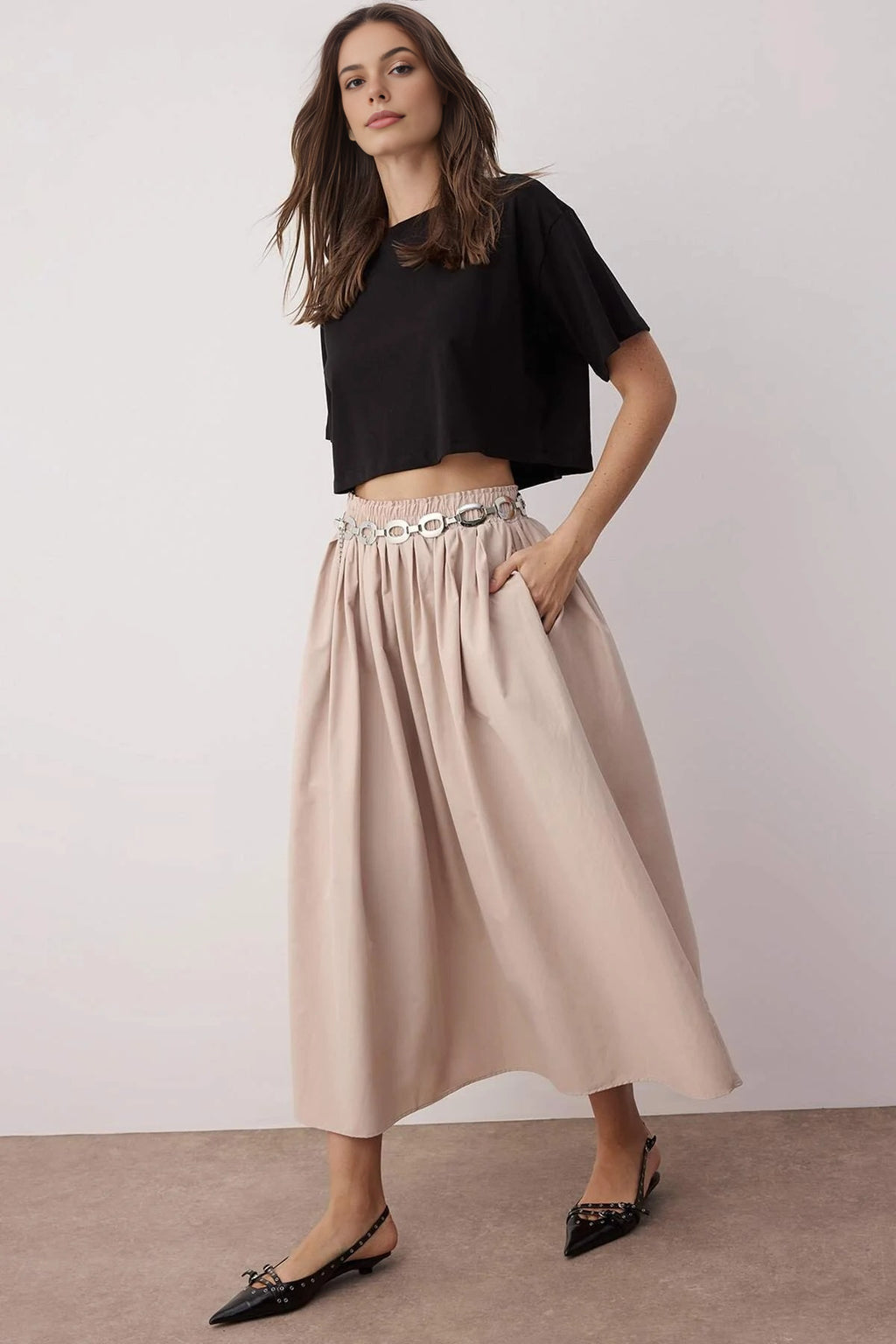 Flared Maxi Elastic Waist Woven Skirt