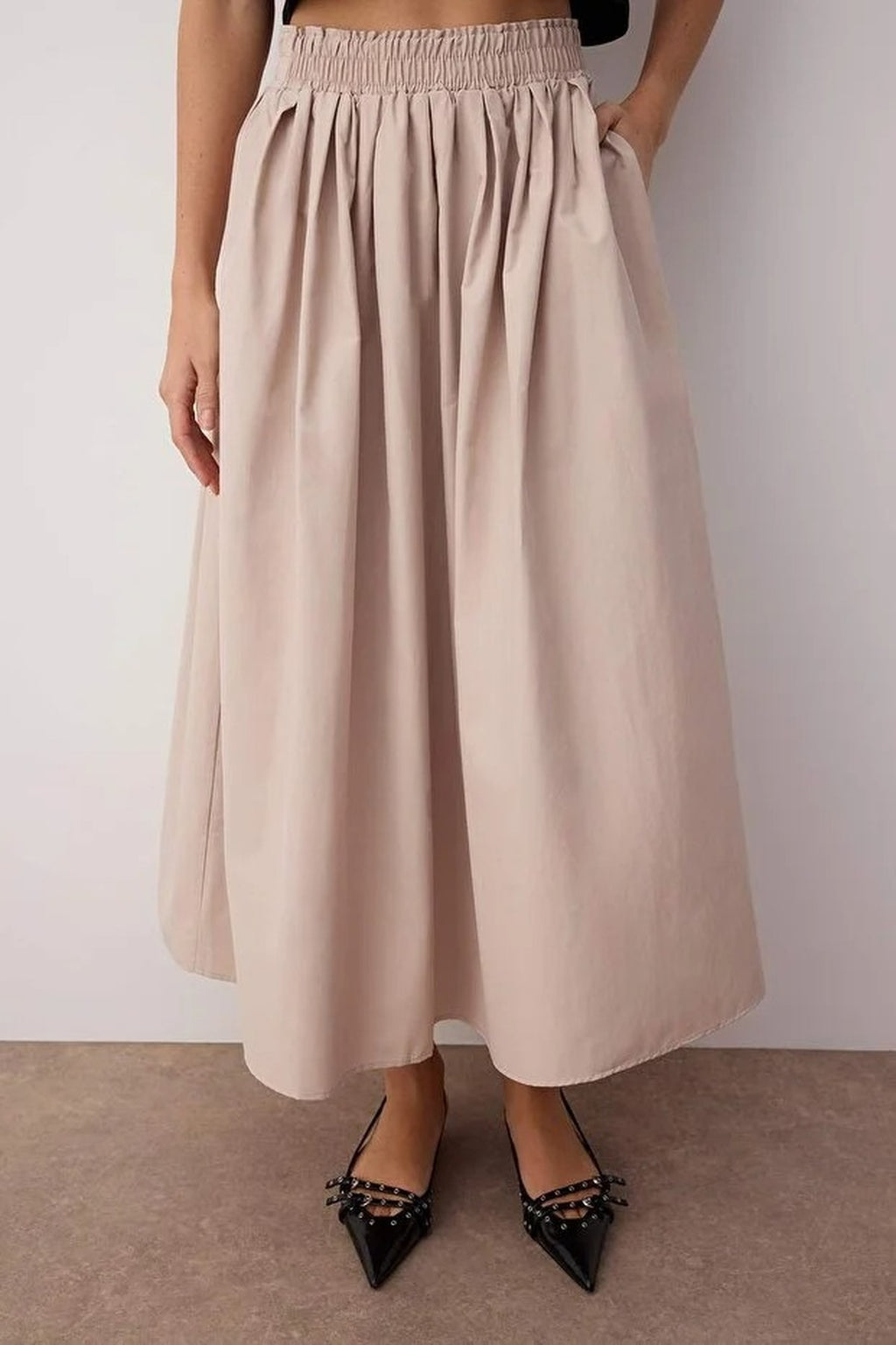 Flared Maxi Elastic Waist Woven Skirt
