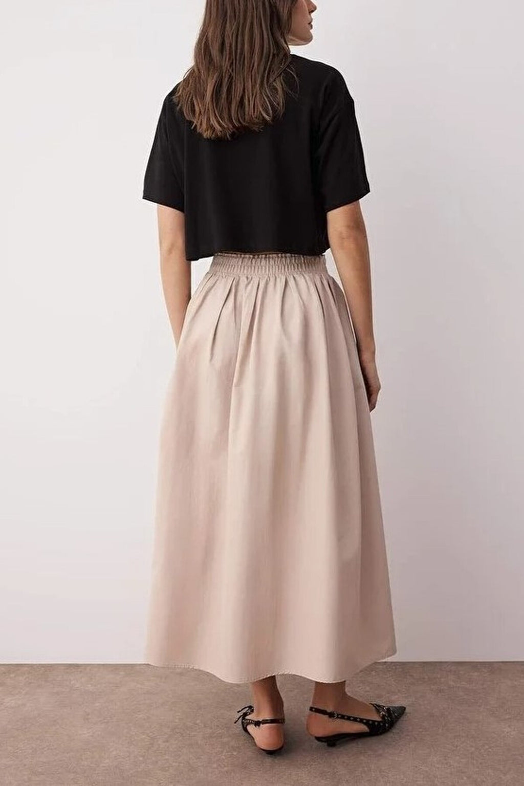 Flared Maxi Elastic Waist Woven Skirt