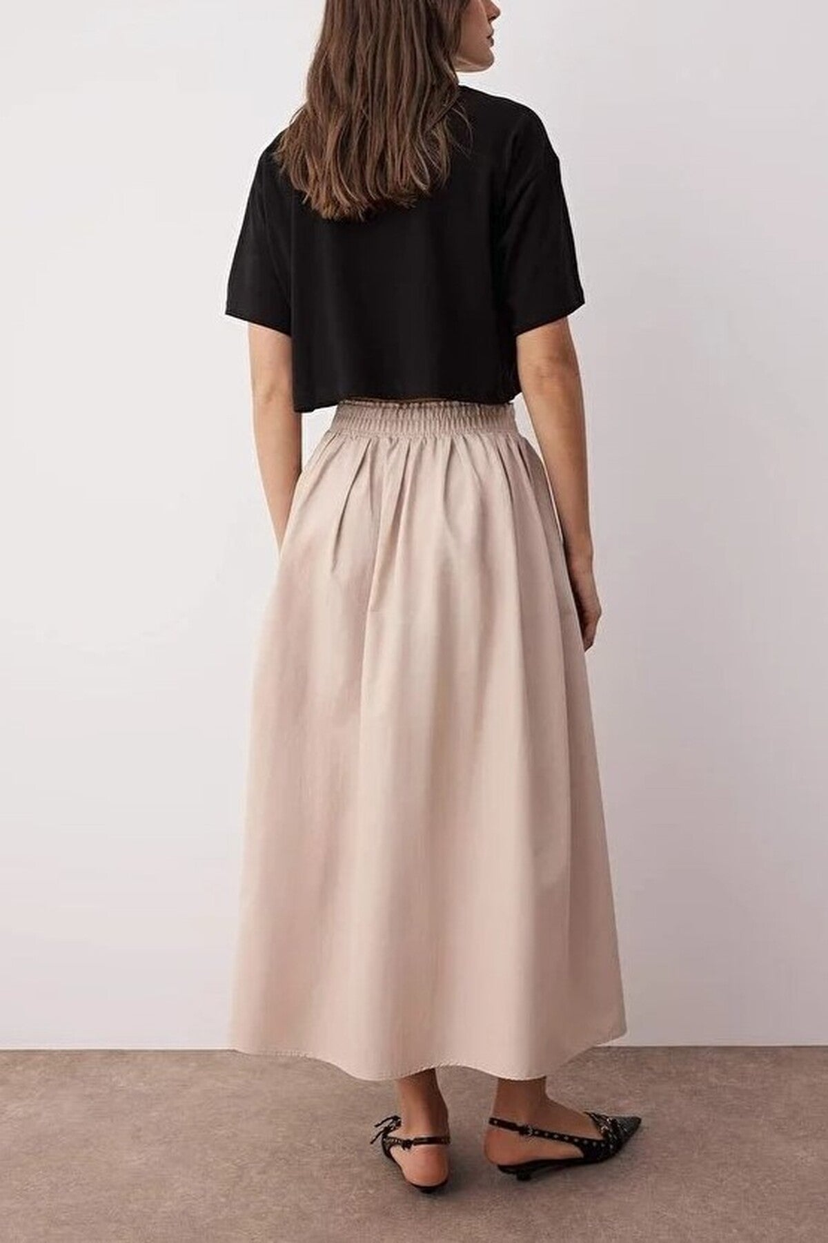 Flared Maxi Elastic Waist Woven Skirt